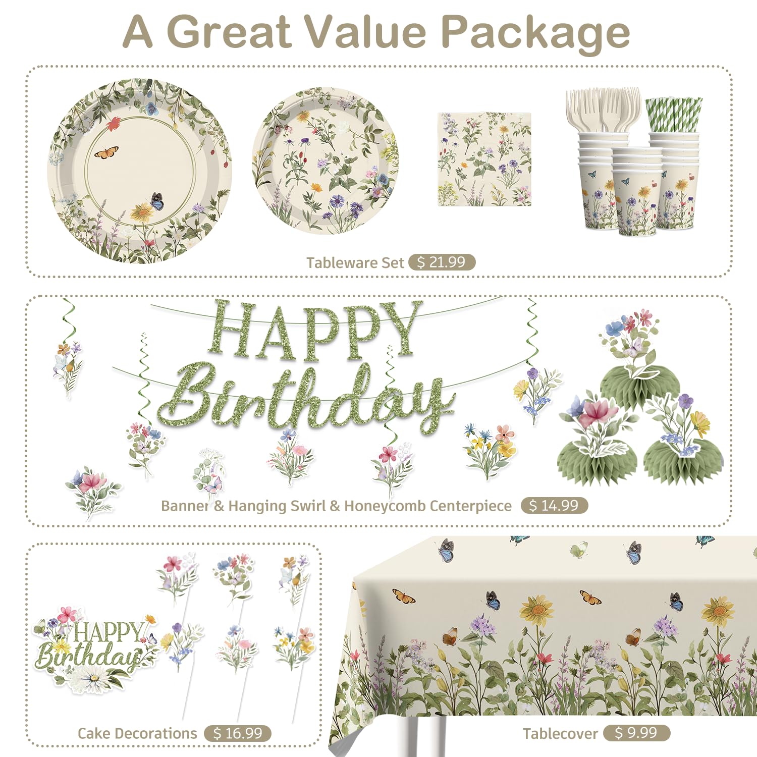 Xynic Wildflower Party Decorations Girl, Flower Themed Birthday, Serve 25
