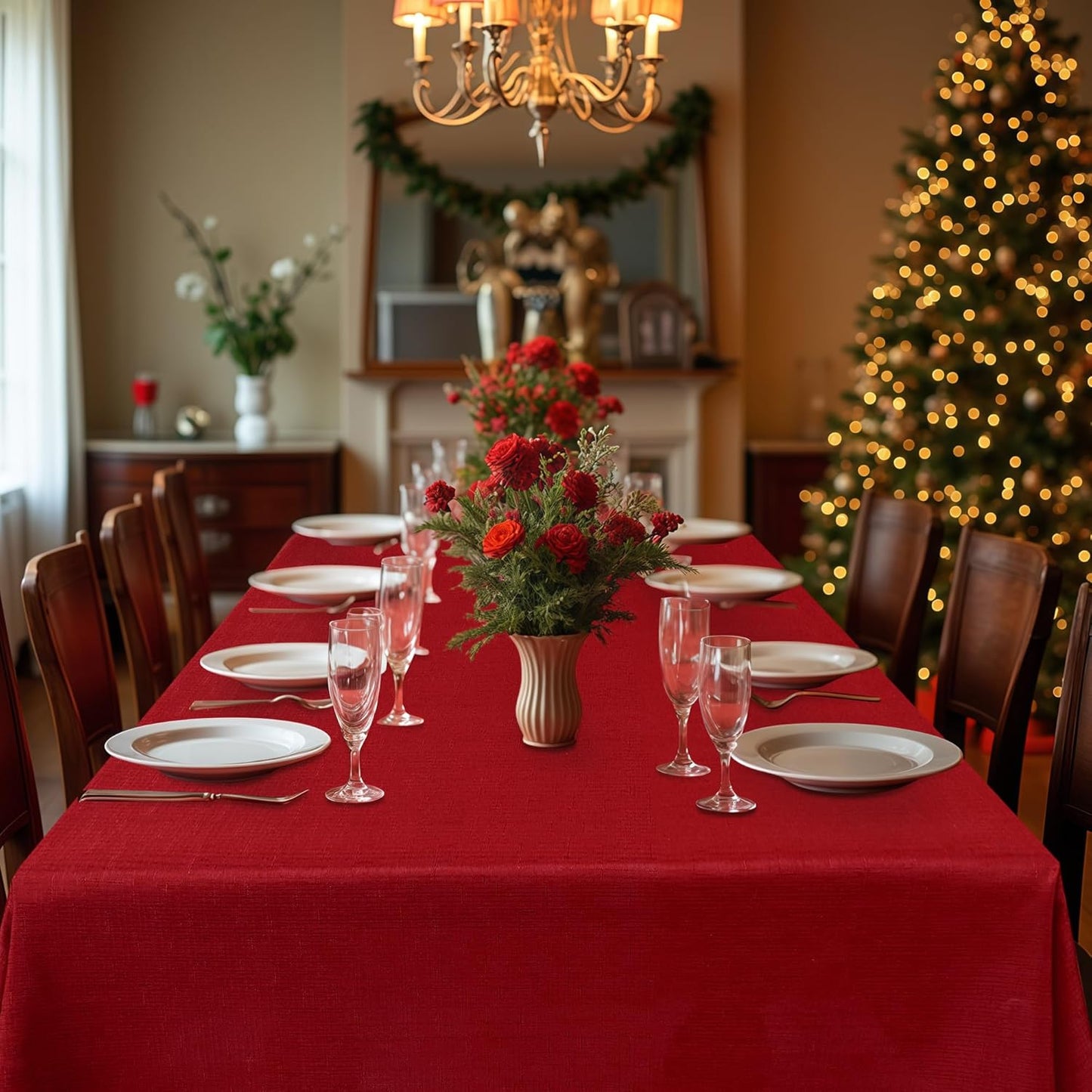 Fitable 2 Pack Faux Linen Christmas Tablecloths, Burlap Textured Fabric Table Clothes Rectangle, Rustic Decorative Table Covers for Winter Holiday Dinner Party Farmhouse (Red, 60 x 120 Inch)