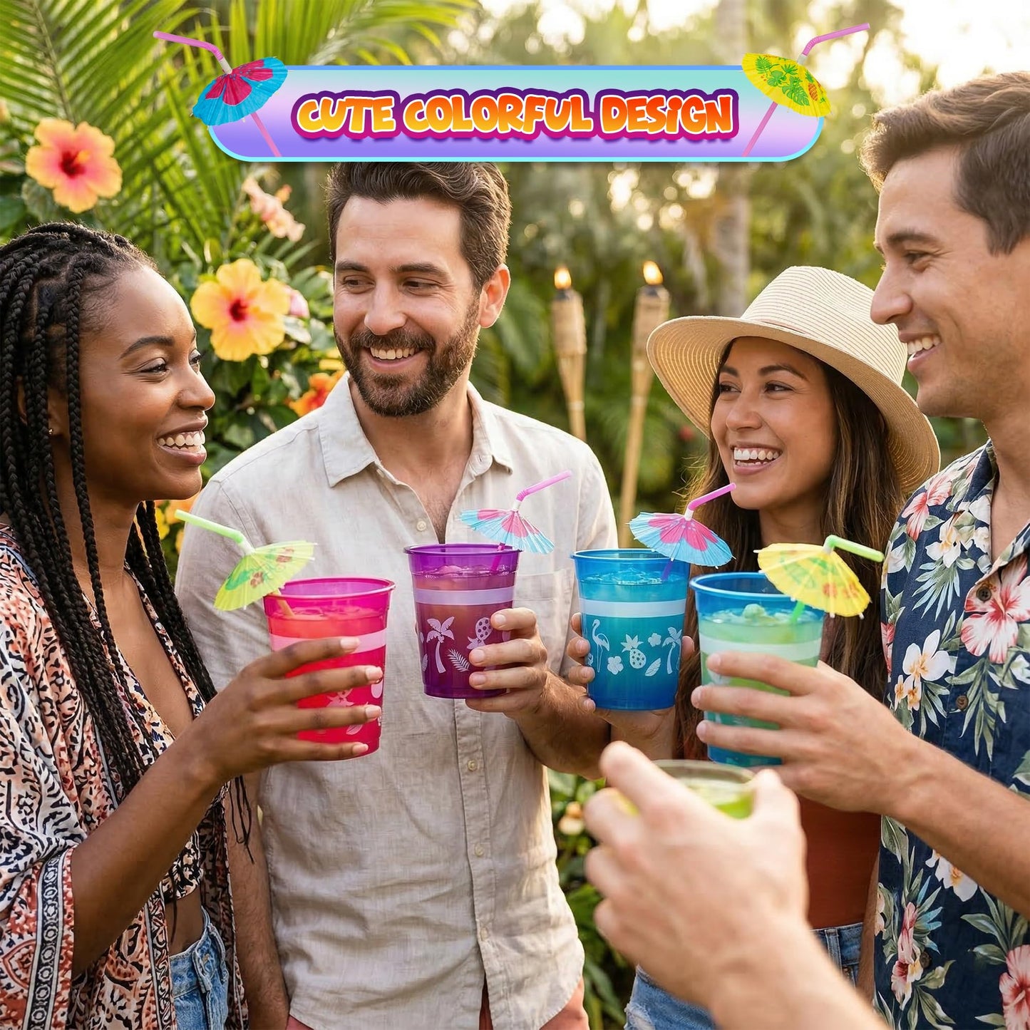 4E's Novelty 48 Packs Tropical Party Cups with Parasol Straws - Disposable Plastic Cups 16oz BPA