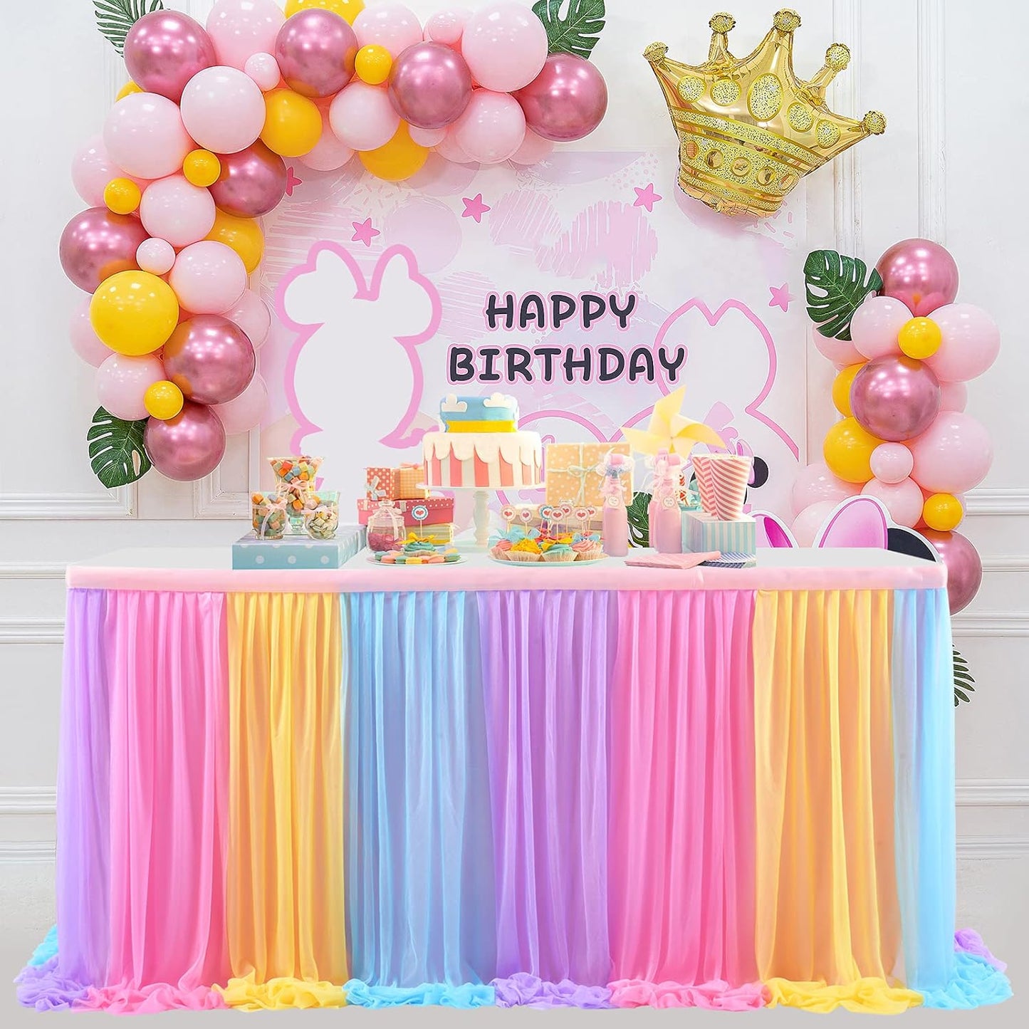 9ft Unicorn Tulle Table Skirt for Rectangle Tables or Round Tables Tutu Rainbow Tablecloth for Birthday Party Baby Shower Girl Boy Wedding Party Dessert Buffet Banquet Table Decorations