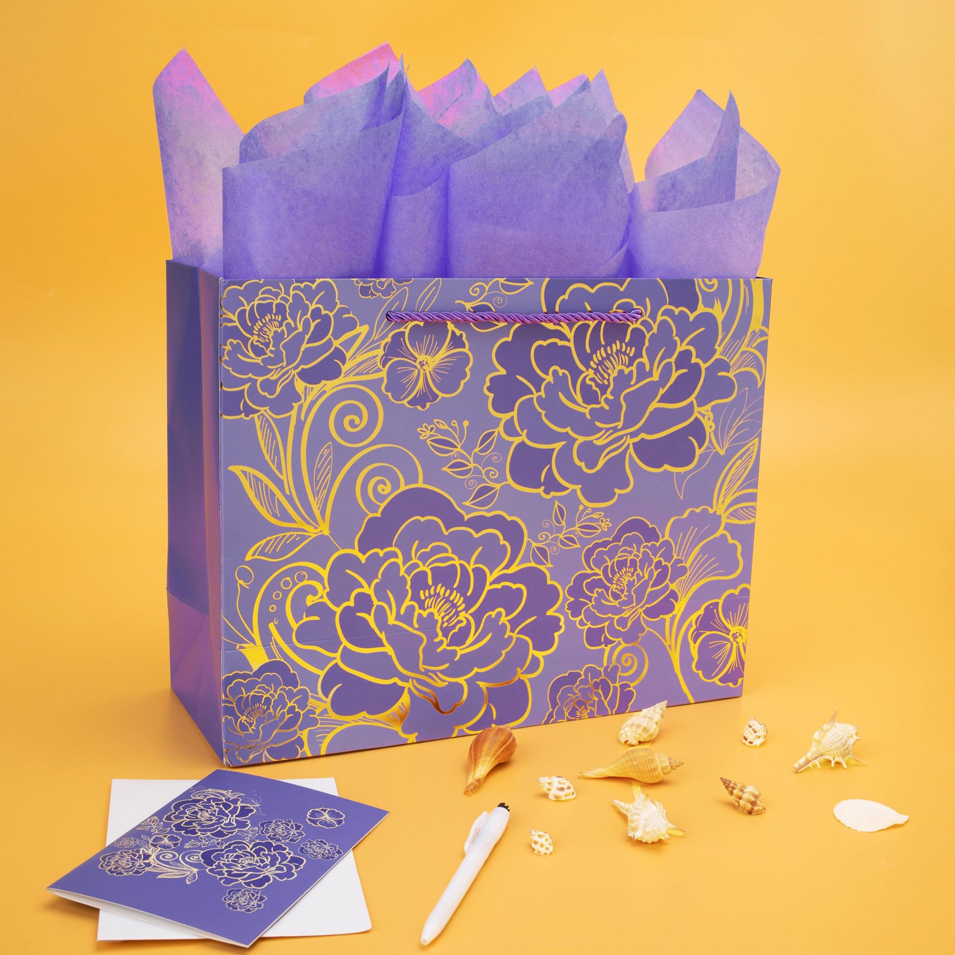 Qirrmiy 13" Large Rose Purple Gift Bag Set with Greeting Card and Tissue Paper for Women or Girls