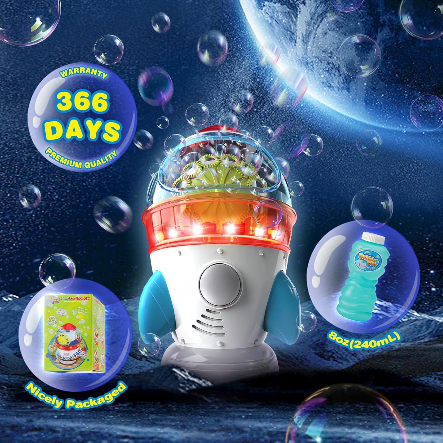 Rocket-Shaped Bubble Machine for Kids & Pets - Dual Powerful Bubble Outlets, Automatic 360° Rotation, Adjustable LED Lights & Music – Ideal for Indoor/Outdoor Birthday Parties