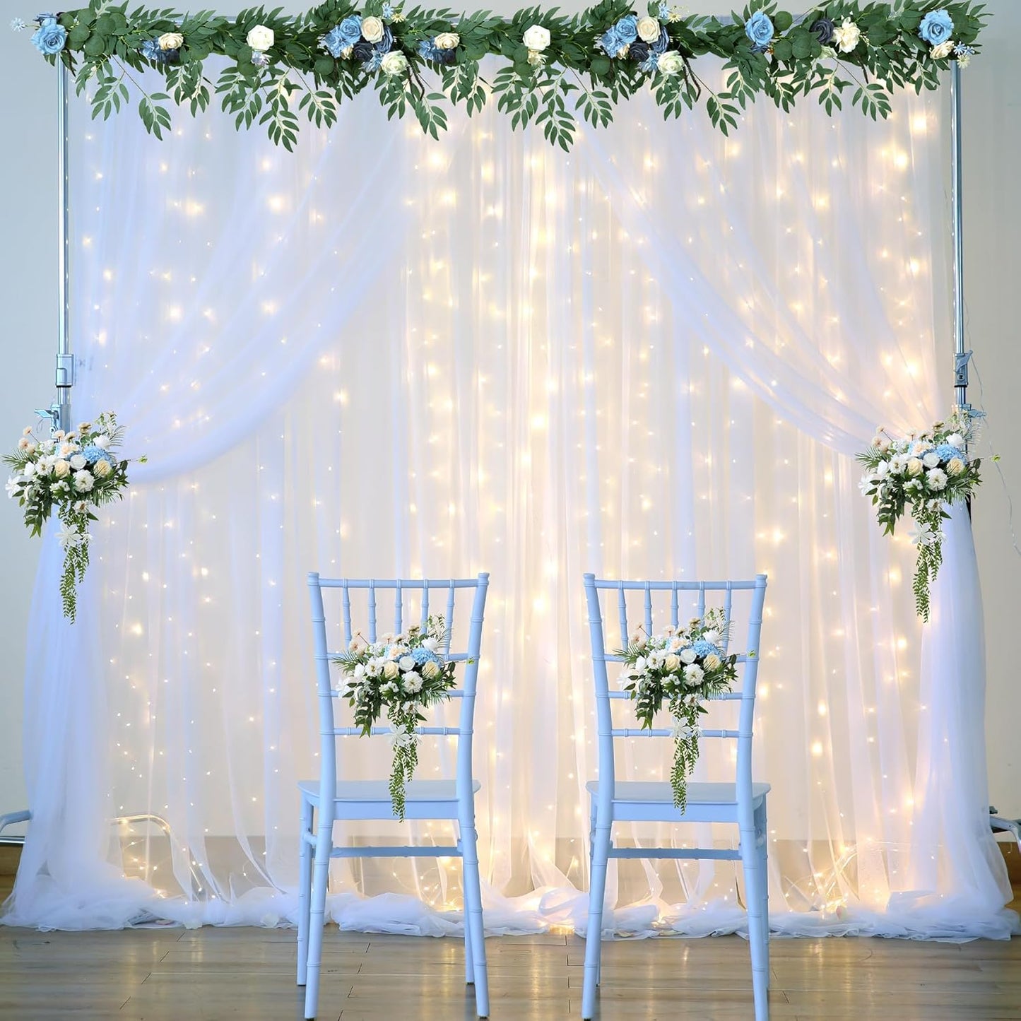 Sheer Backdrop Curtain with Lights String for Parites 20×10ft White Tulle Backdrop Curtain for Wedding Baby Shower Birthday Party Photo Shoot Decorations(4 Panels 5ft×10ft)