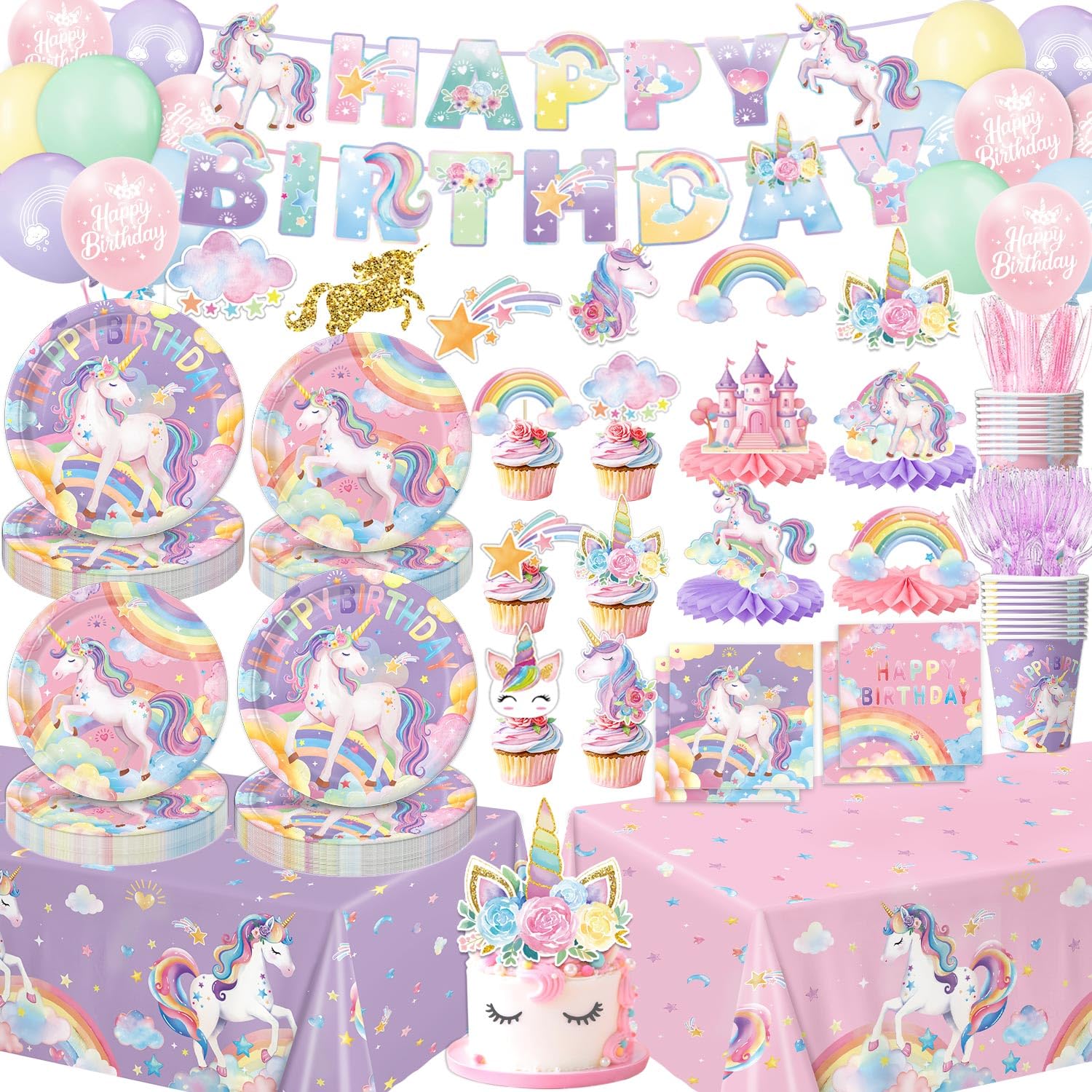 NKPDAXM Unicorn Birthday Decorations - Plates, Napkins, Cups, Cutlery, Hanging Swirls, Banner