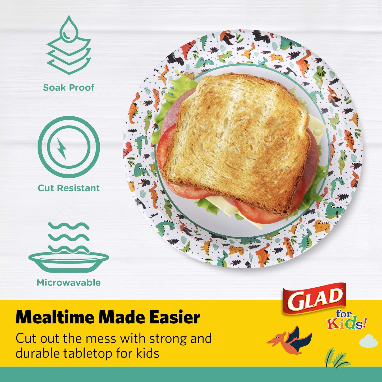 Glad for Kids Disposable Paper Plates, Dinosaurs, 8.5 Inch, 20 Count