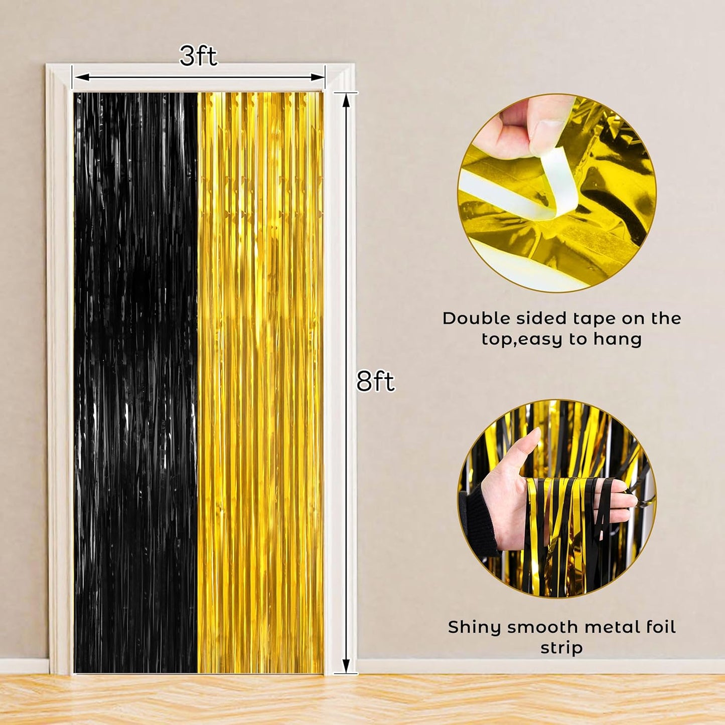 BTSD-home 4 Pack Black Gold Metallic Foil Fringe Curtain Tinsel Streamer Party Decorations Photo Booth Backdrop for Bachelorette Birthday Halloween