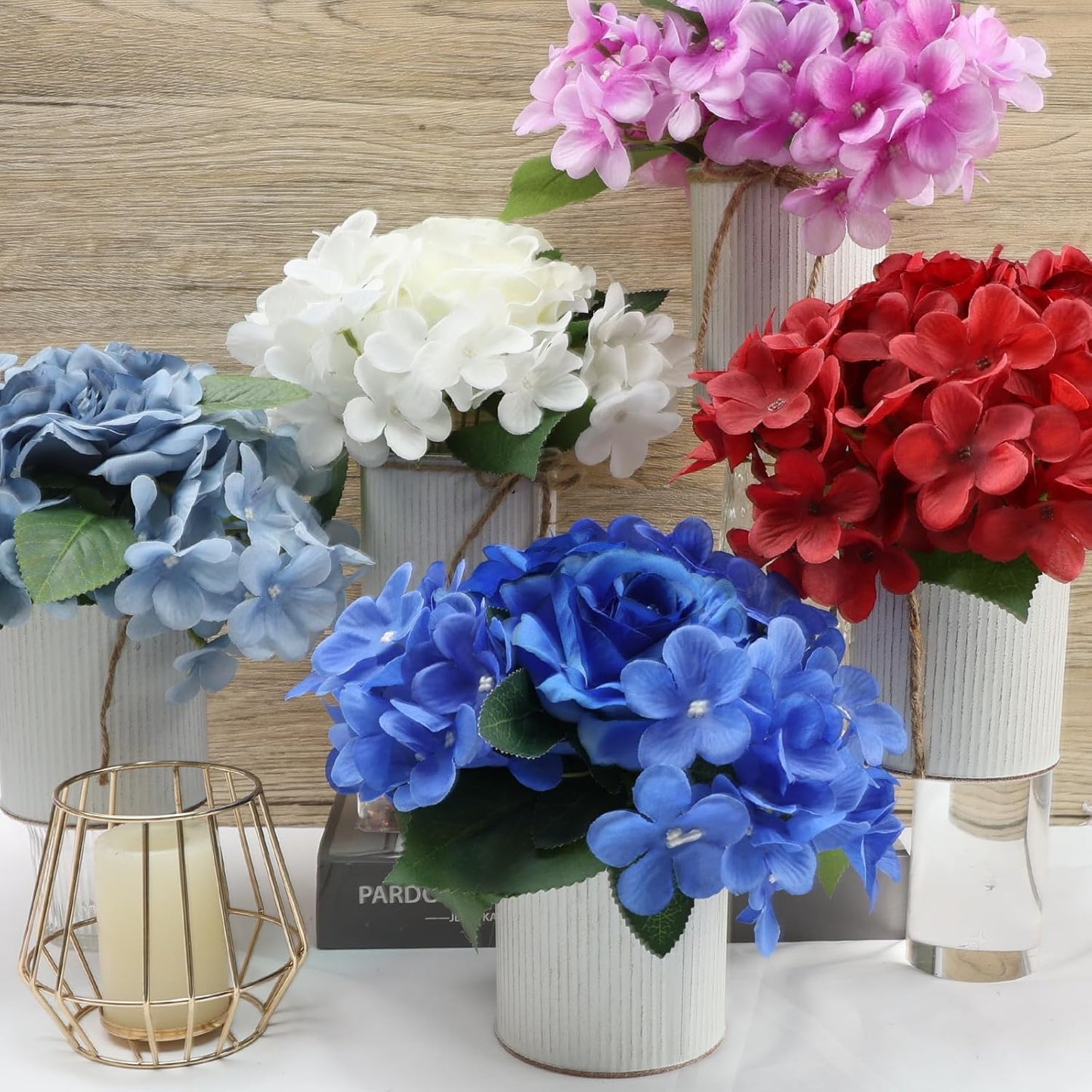 Flower Table Centerpieces - Set of 6 Floral Arrangement Artificial Wedding Hydrangeas Floral Arrangement with Rustic Metal Vase for Bridal Tea Party Event Decorations - White