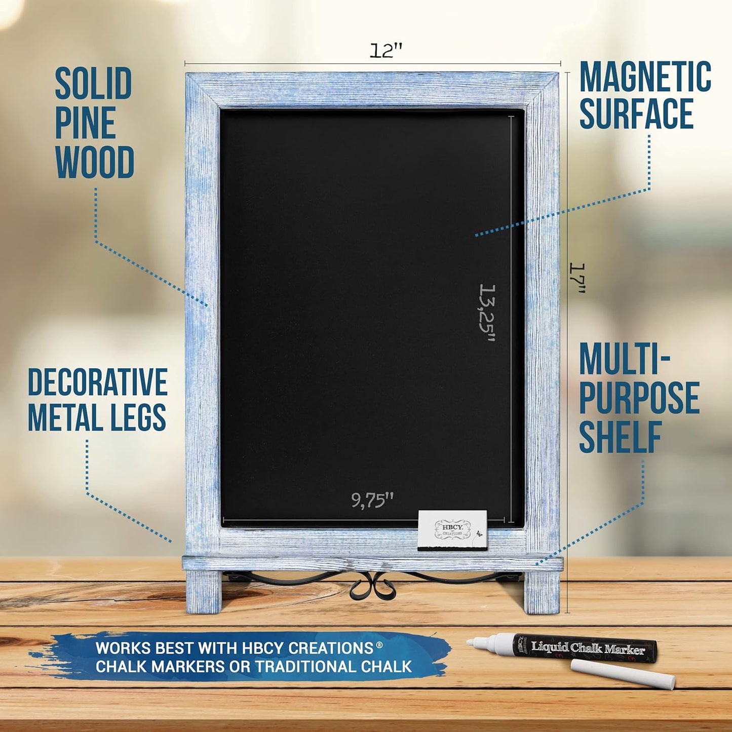 HBCY Creations Rustic Blue & White Tabletop Chalkboard with Legs/Vintage Wedding Table Sign/Small Kitchen Countertop Memo Board/Antique Wooden Frame (12" x 17", 5- Rustic Blue)