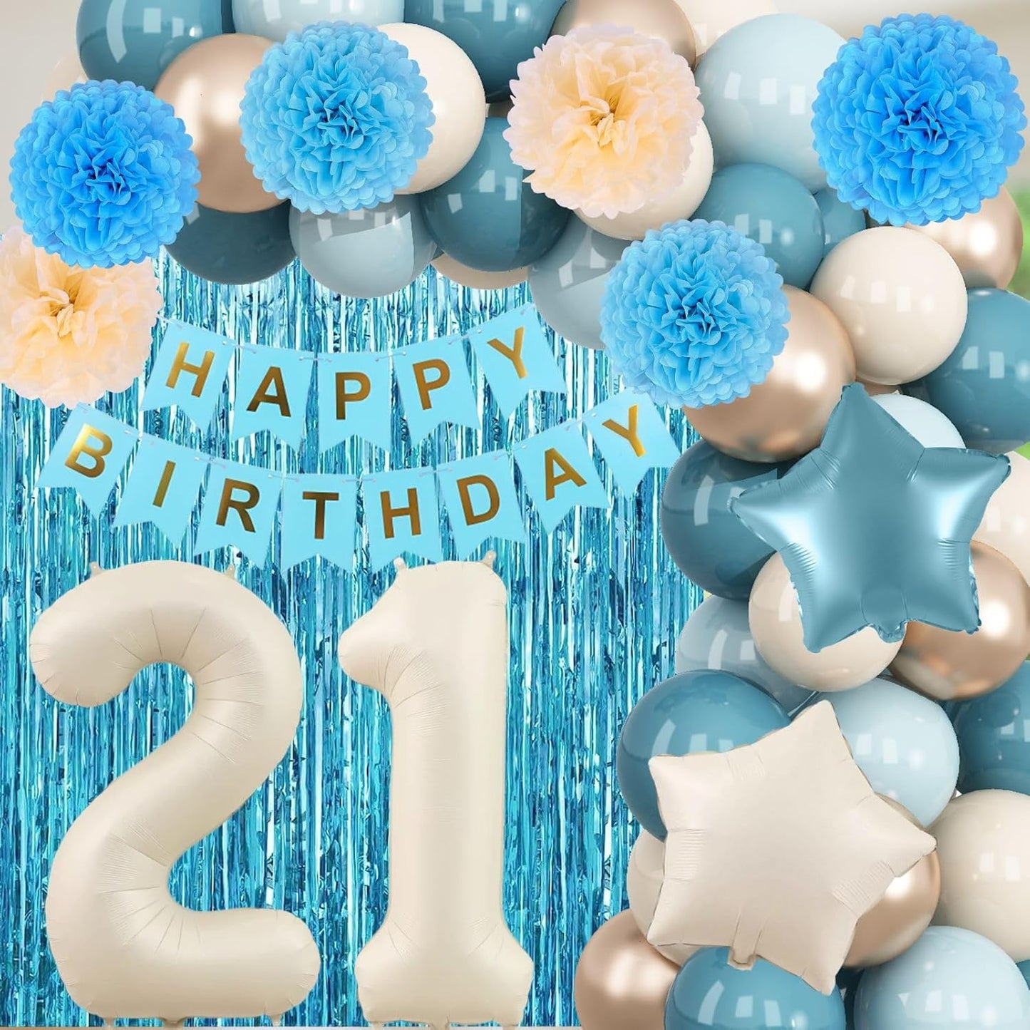 Dusty Blue 21st Birthday Decorations for Him Her Beige Cream Number 21 Balloon Blue Gold Happy Birthday Banner Fringe Curtain Paper Pom Poms Nude White Sand Champagne Star Foil Balloons Party Decor