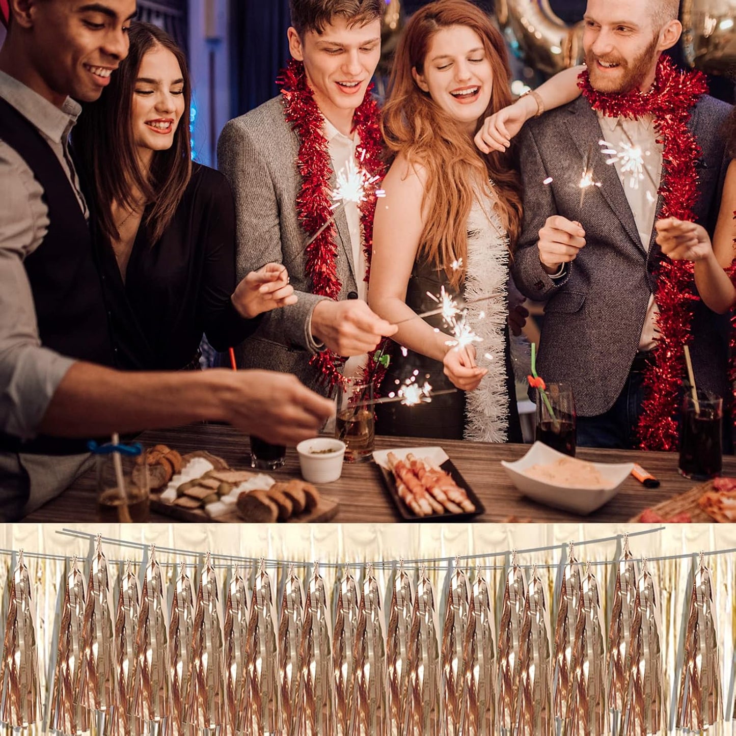 8P Champagne Gold Foil Fringe Metallic Tassel Streamers Banner Tassel Garland for Parade Floats, Bachelorette, Wedding, Birthday, Halloween, Christmas, Bridal/Baby Shower Party Decorations