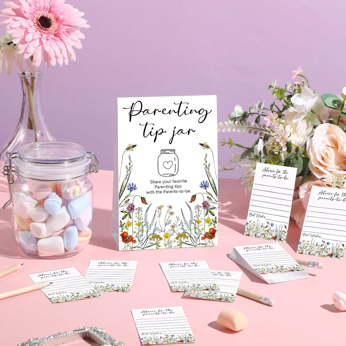 Roowest Baby Shower to Baby Advice Cards for New Parents to Be - Tip Jar Sign for New Parents 60 Parenting Advice Cards 10 HB Pencils 2 Cute Stickers 1 Pet Bottle for Guests Games(Wild Flower)