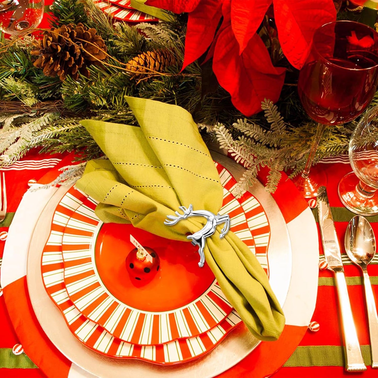 ZeeDix Silver Reindeer Christmas Napkin Rings Set of 24, Napkin Holder Ring for Christmas Dinner Table Decor Cloth Napkins, Wedding Receptions, Holiday Party, Banquet and Home Kitchen