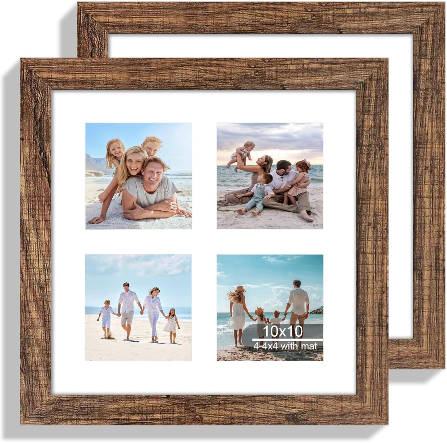 10x10 Picture Frame Set of 2, Real Glass and Rustic Brown Collage Frame, Display Pictures Four Opening 4x4 With Mat or 10 x 10 Without Mat for Wall Hanging or Tabletop