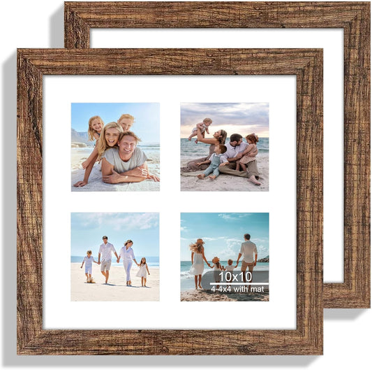 10x10 Picture Frame Set of 2, Real Glass and Rustic Brown Collage Frame, Display Pictures Four Opening 4x4 With Mat or 10 x 10 Without Mat for Wall Hanging or Tabletop