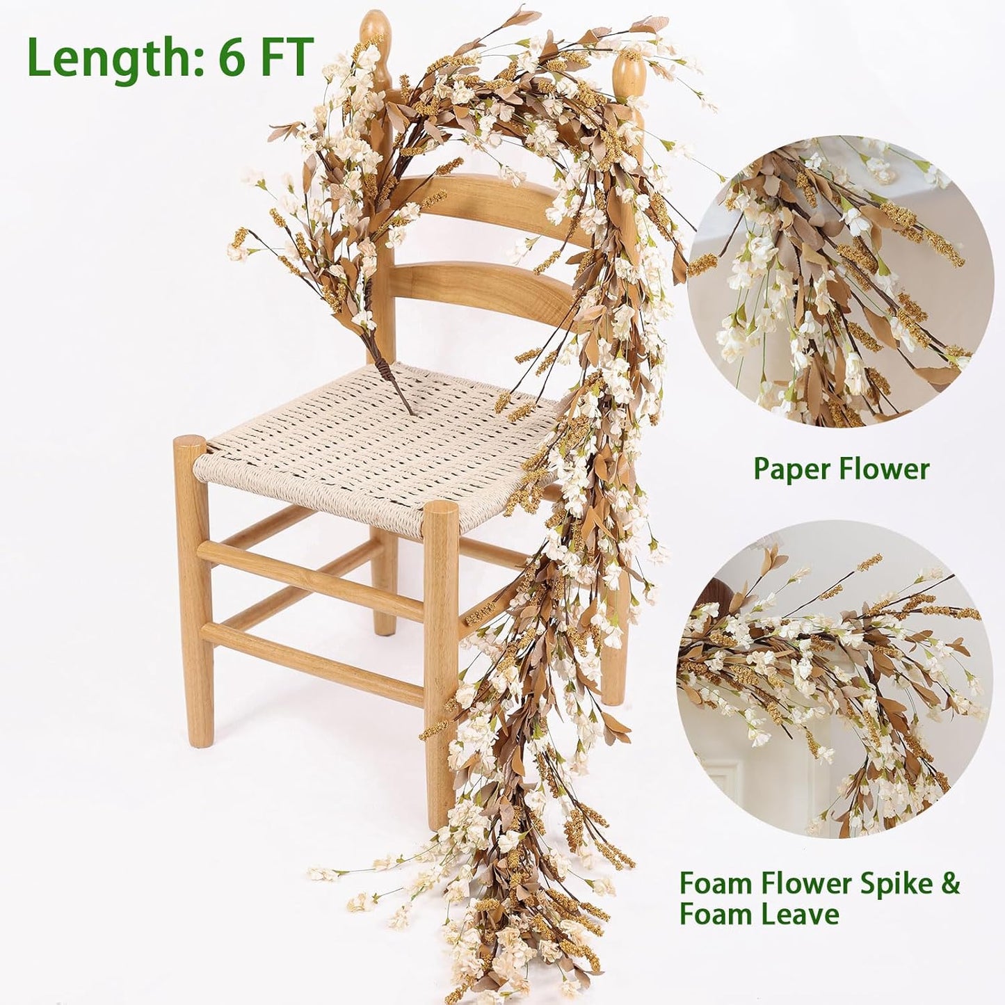 Mizii Fall Garland Artificial Flower Garlands 6 Feet Fake Wildflower Floral Garland Hanging Vines Flowers Decorations for Mantle Table Centerpieces Room Wall Fireplace Wedding Fall Decor (Beige)