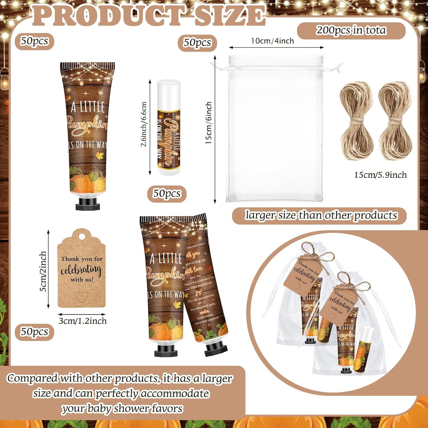 50 Sets 200 Pcs Baby Shower Hand Lotion and Lip Balm Gift Theme Baby Shower Party Favors Travel Size Hand Lotion and Lip Balm Bulk with Organza Bags Tags(Rustic Pumpkin)