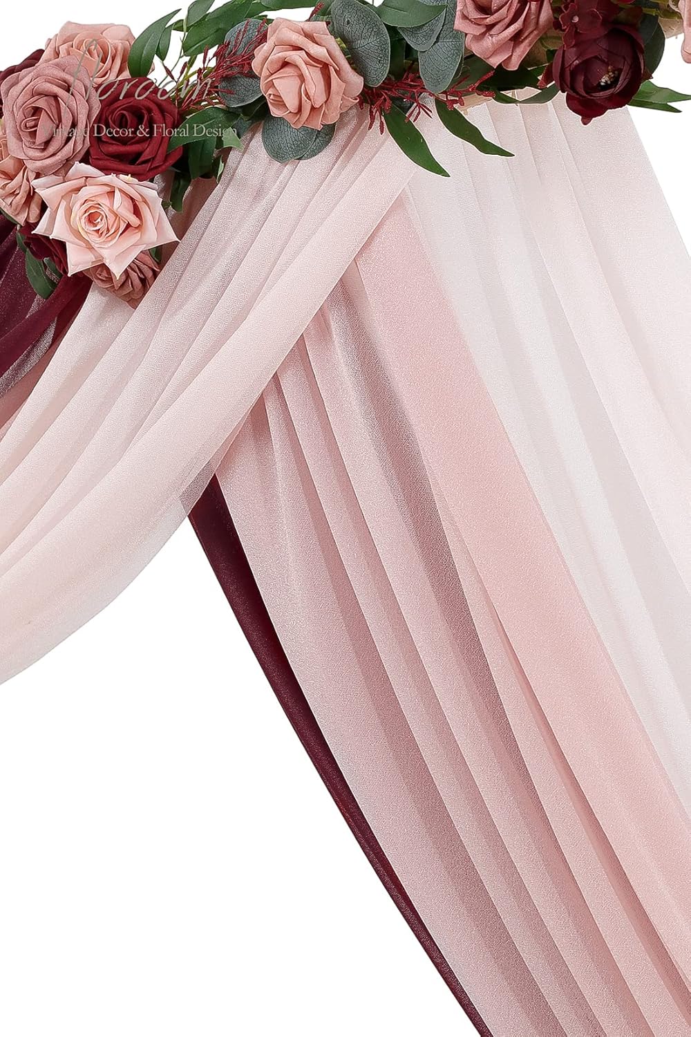 Floroom Wedding Arch Draping Fabric 3 Panels 20Ft Chiffon Fabric Drapes Arbor Drapery Wedding Ceremony Reception Swag Decorations (Burgundy +Dusty Rose +Blush)