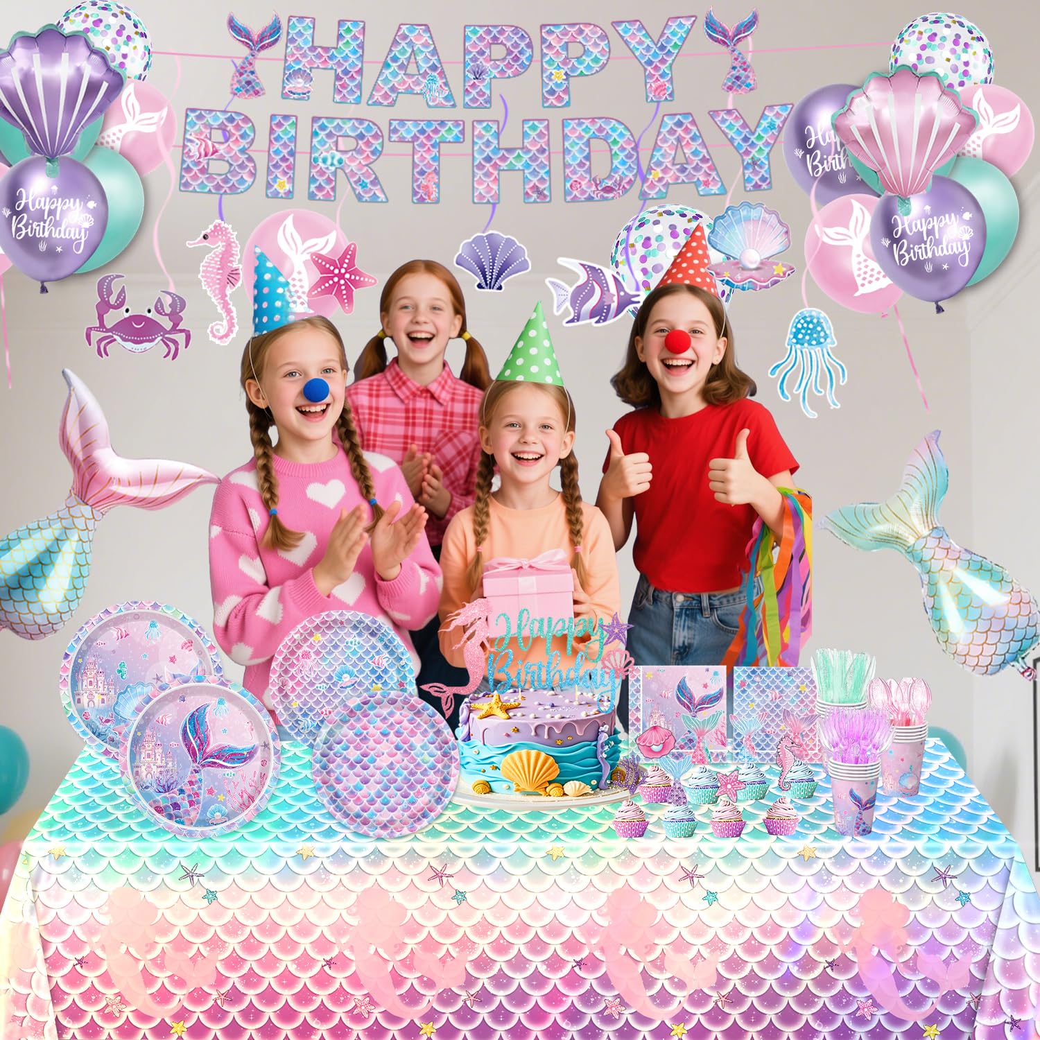 NKPDAXM 4 Pack Mermaid Tablecloth Mermaids Laser Table Cover for Mermaid Birthday Party