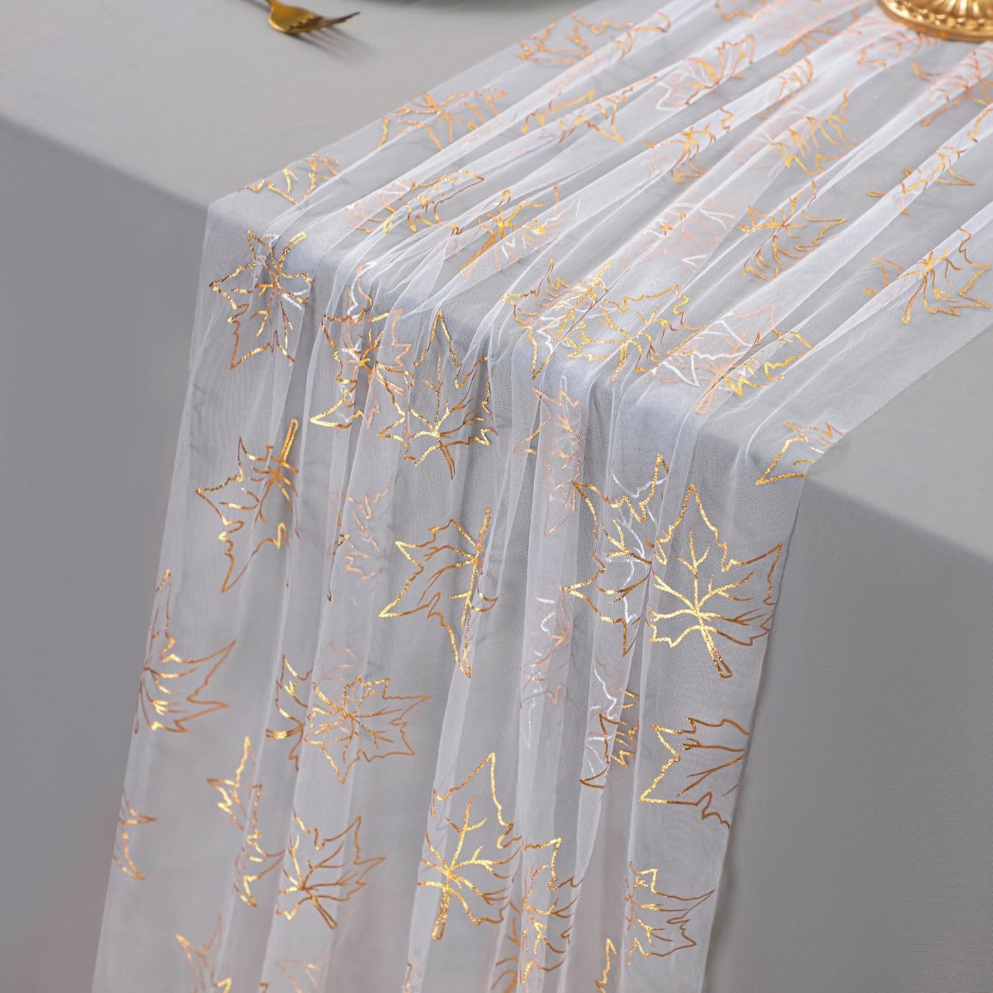 Snowkingdom Fall Table Runner, 10ft Gold Maple Leaves Gauze Chiffon Table Runners, Thanksgiving Decoration Sheer Cheesecloth Runner for Autumn Harvest Glitter White Sparkle Dining Party Decor 120 Inch