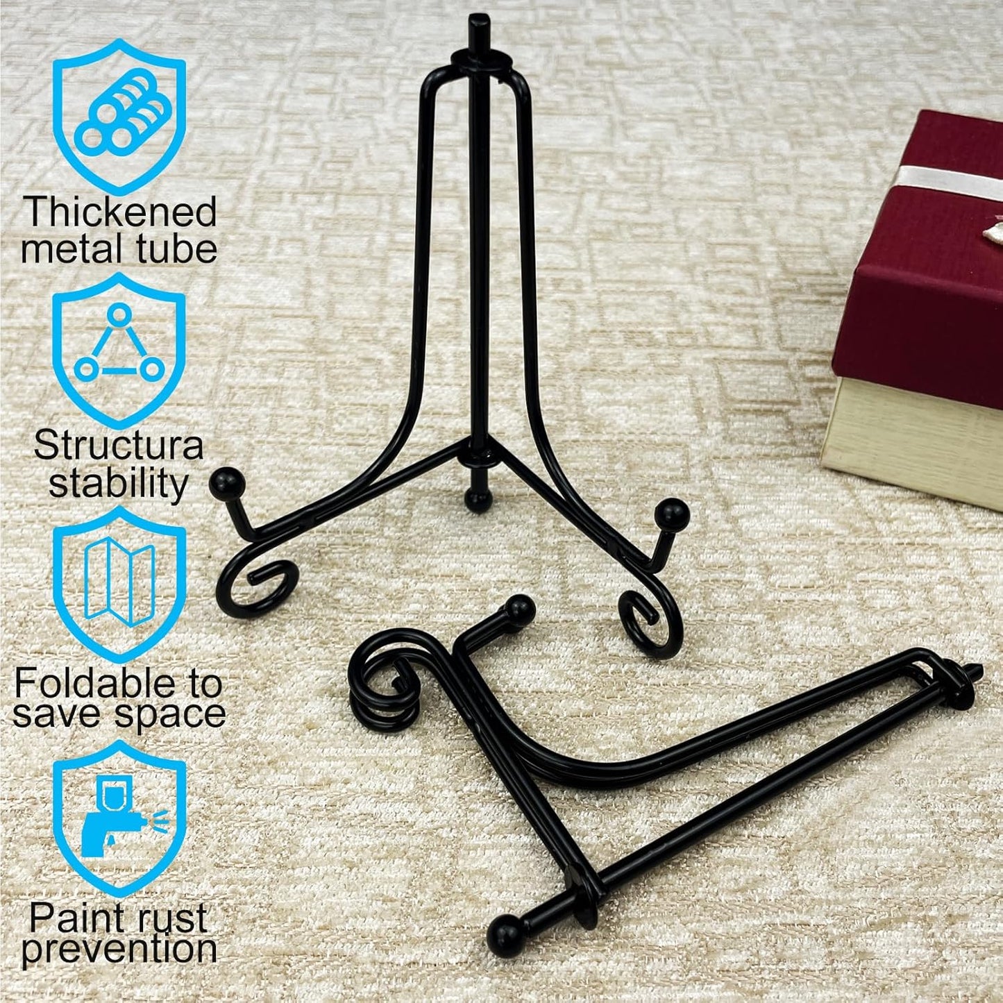 4PCS Premium Black Iron Plate Stands for Display 4 Inch, Decorative Solid Metal Plate Holders for Displaying, Mini Easel, Frame, Book, Card, Plaque, Bowl, Picture Stands for Display