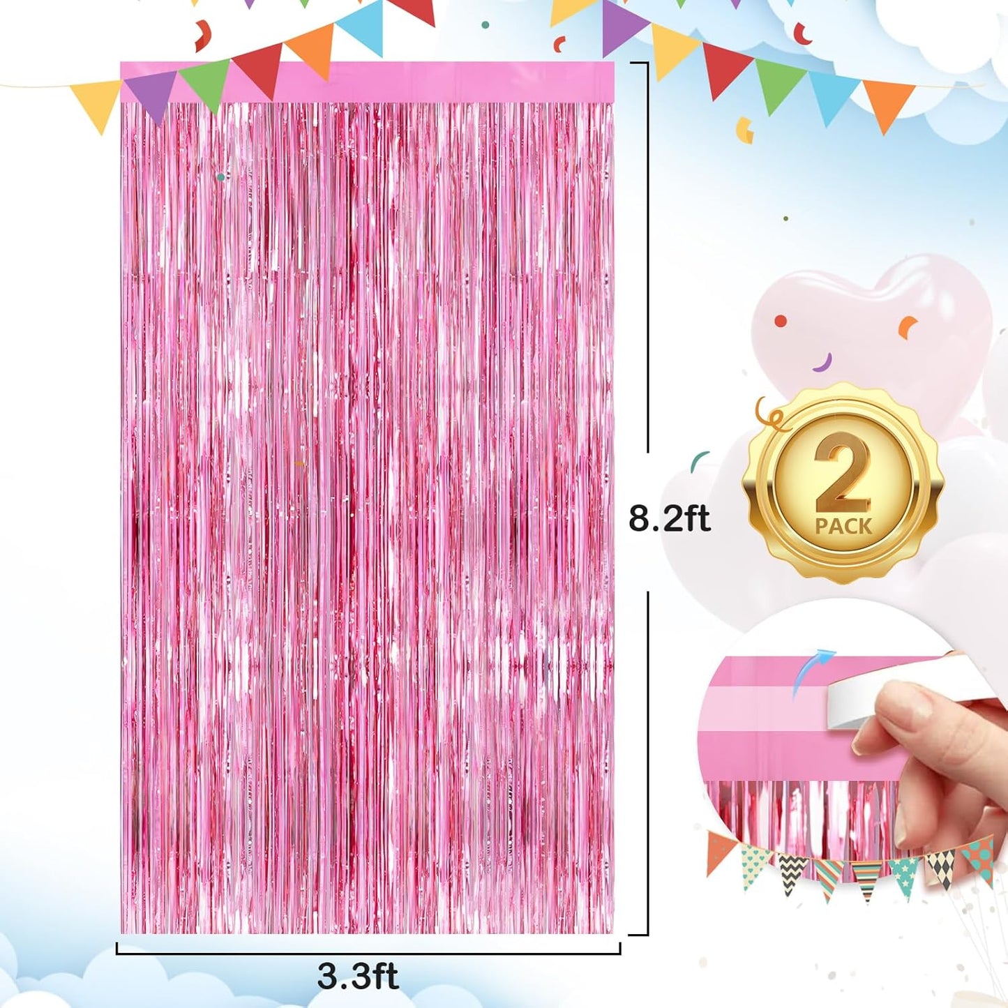 Glitter Pink Party Streamers 2Pack Glitter Foil Fringe Curtain 3.3 x 8.3ft Pink Party Decor Photo Booth Streamers Metallic Tinsel Door Streamer for XmasThanksgiving Engagement Party Decors Streamers