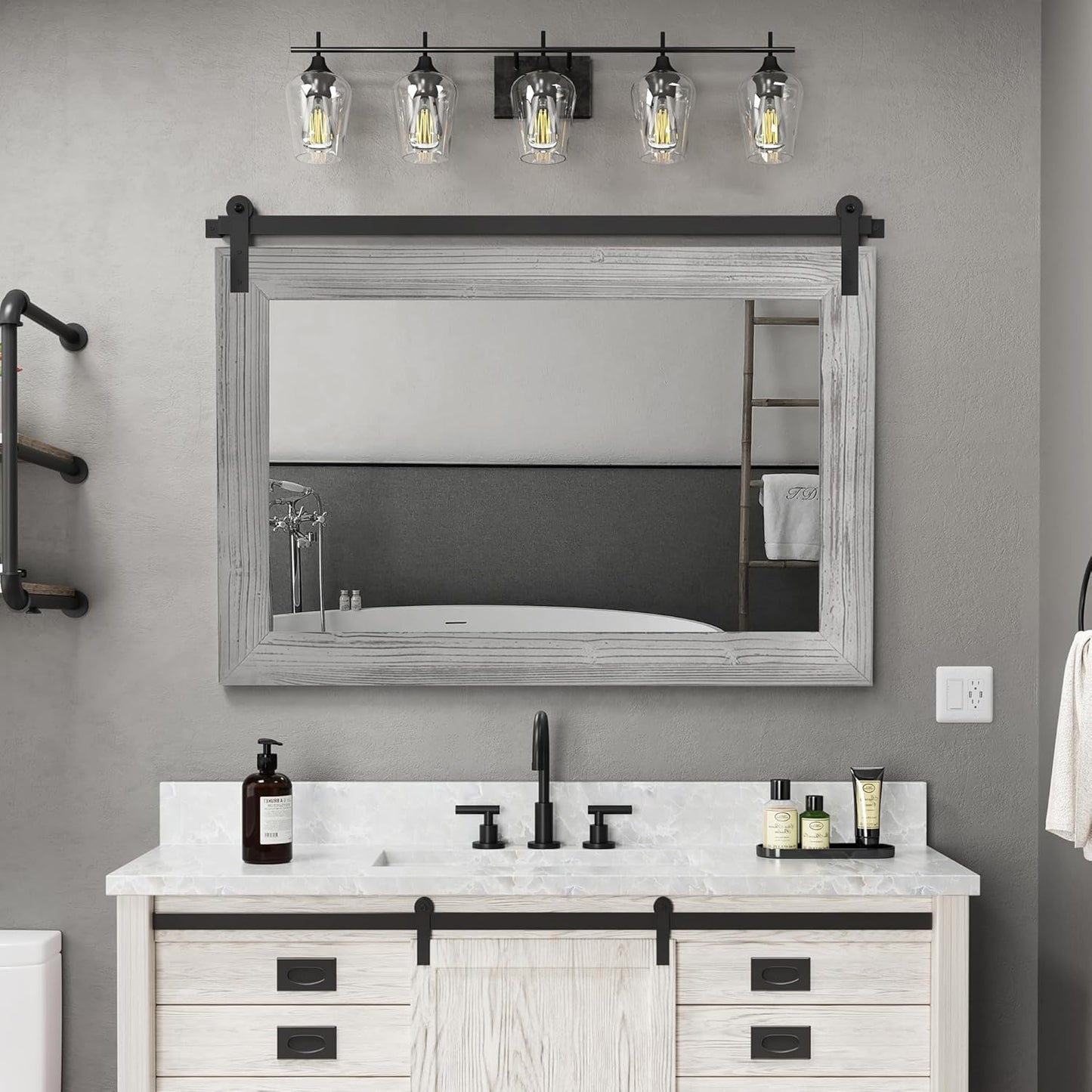 COGOOD Farmhouse Bathroom Mirror - 41" x 30" Rustic Barn Door Mirror for Living Room, Entryway, Bedroom, Vanity Wall Decor (Grey)