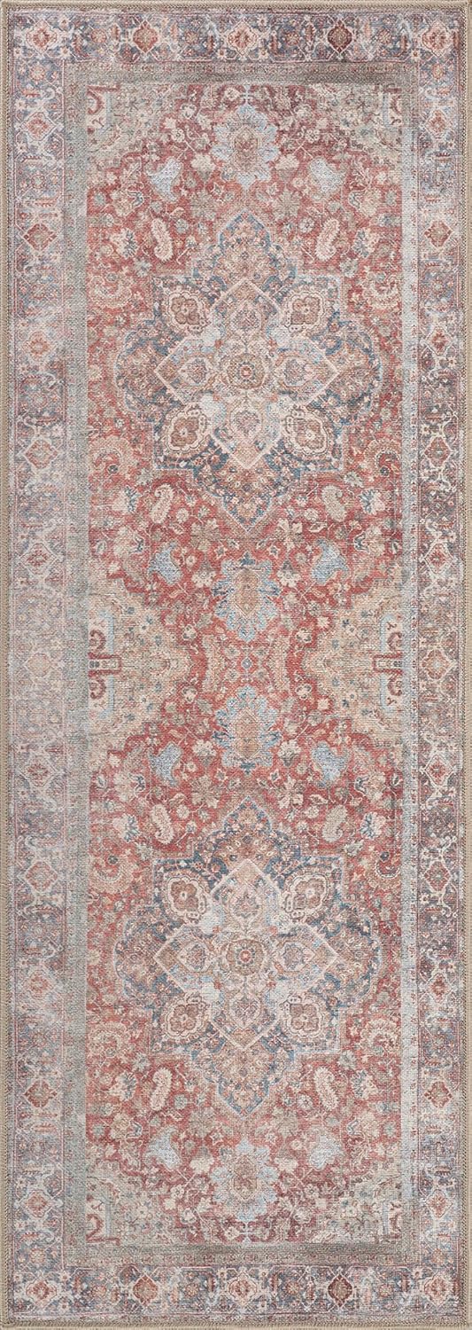 Bloom Rugs Washable Non-Slip 12 ft Runner - Red/Blue Traditional Medallion Runner for Entryway, Hallway, Bathroom, and Kitchen - Exact Size: 2.5' x 12'