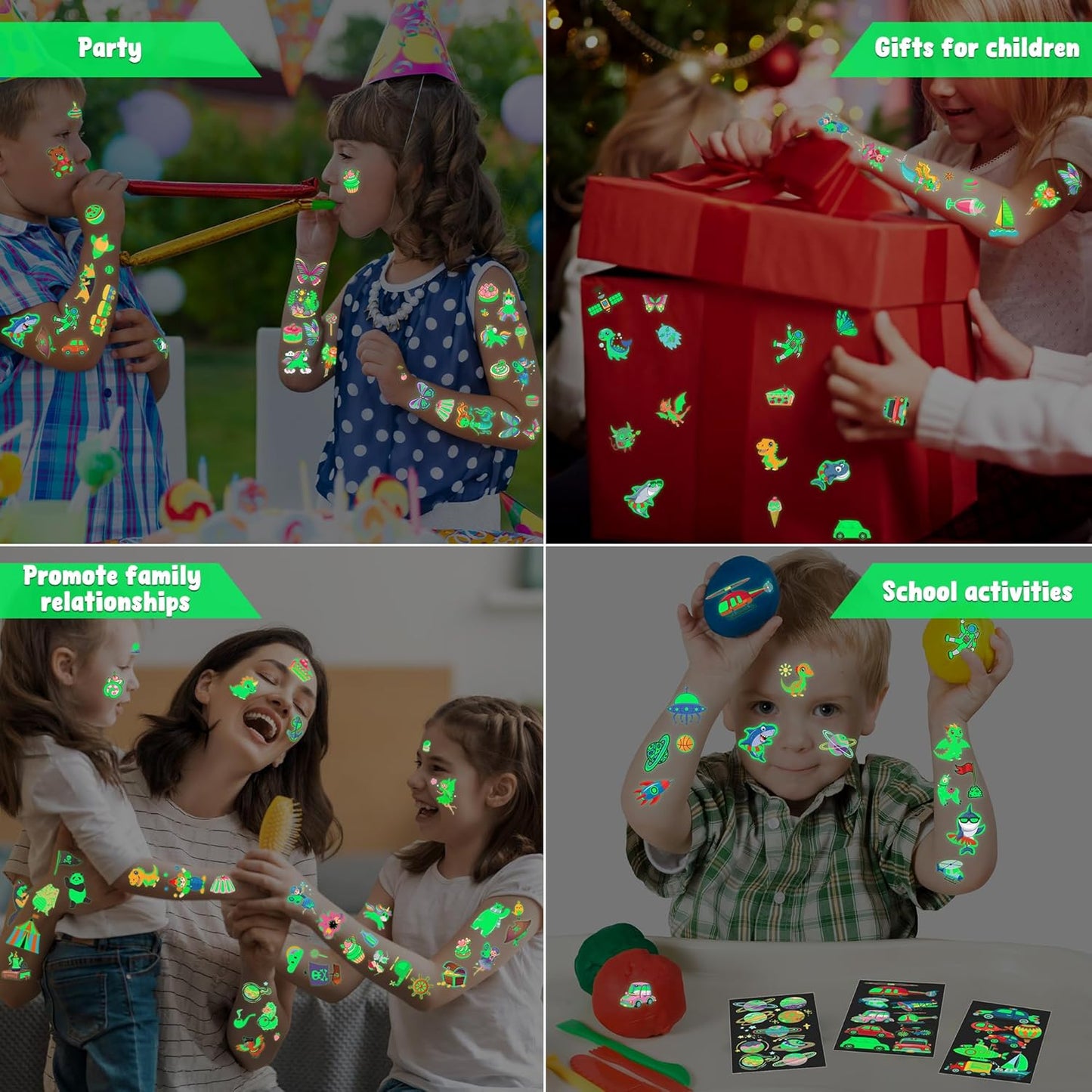 370 Patterns Party Favors for Kids, 36 Sheets Glow In Dark Stickers Luminous Temporary Tattoos, Waterproof Fake Tattoo Supplies Animal Dinosaur Mermaid Butterfly Stickers for Birthday Decorations