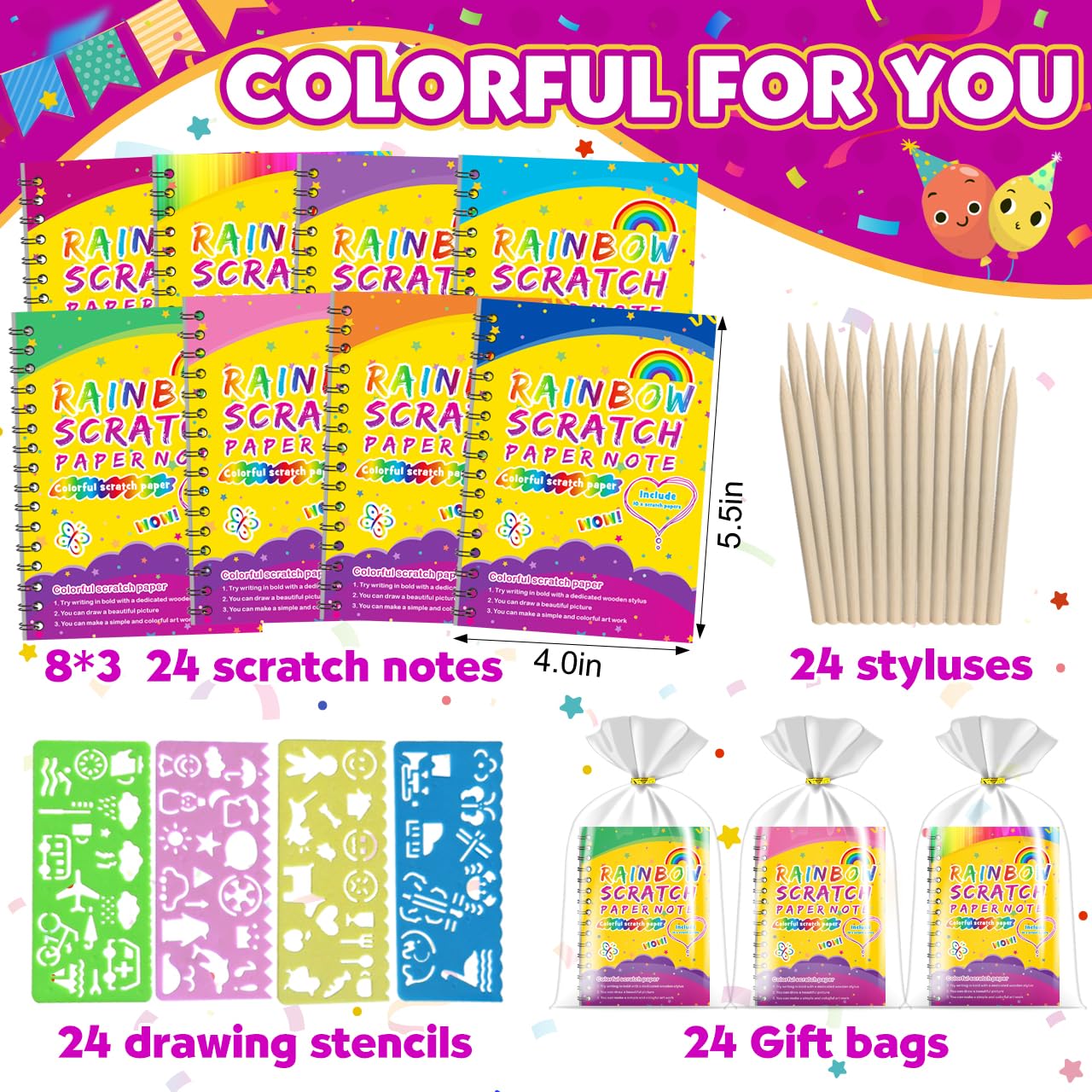 Party Favors for Kids 4-8-12: 24 Pack Scratch Rainbow Art Crafts Notebook