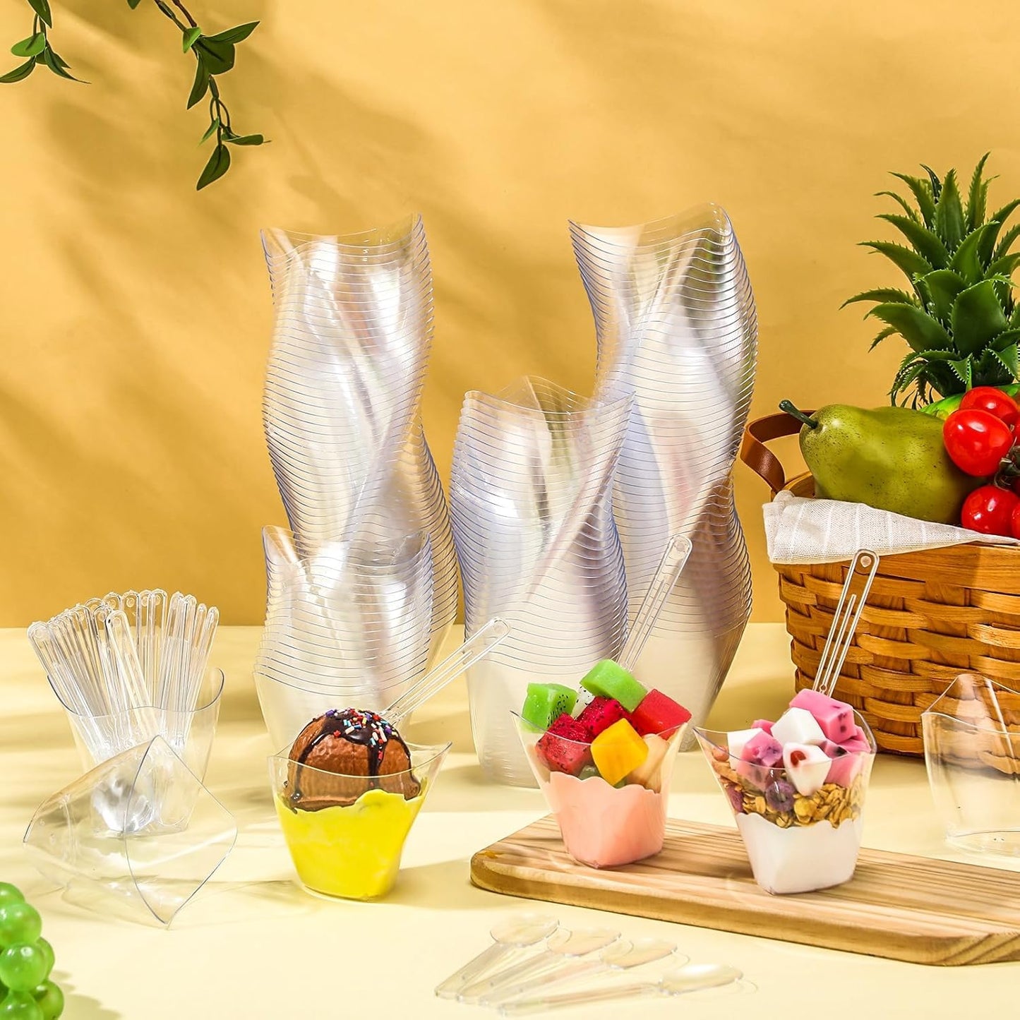 Honeydak 150 Pcs Plastic Dessert Cups without Lids 4.5 oz with Spoons Mini Clear Disposable Trifle Mousse Dessert Cups Triangular Parfait Appetizers Tumbler Pudding Fruit Serve for Party