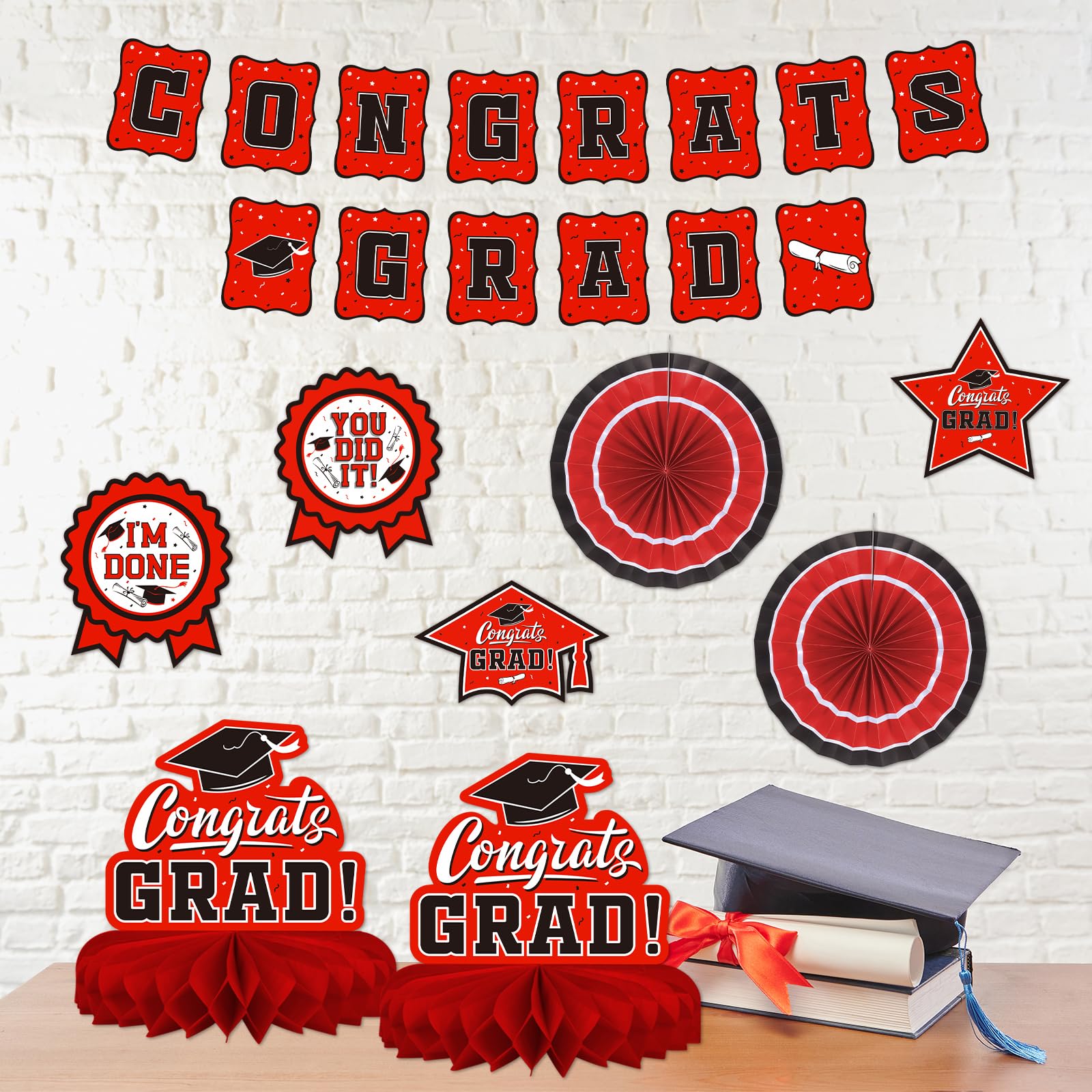 Red Themed 2026 Graduation Decorations Set - Congrats Grad Banner, Class of 2026Backdrop, Balloons