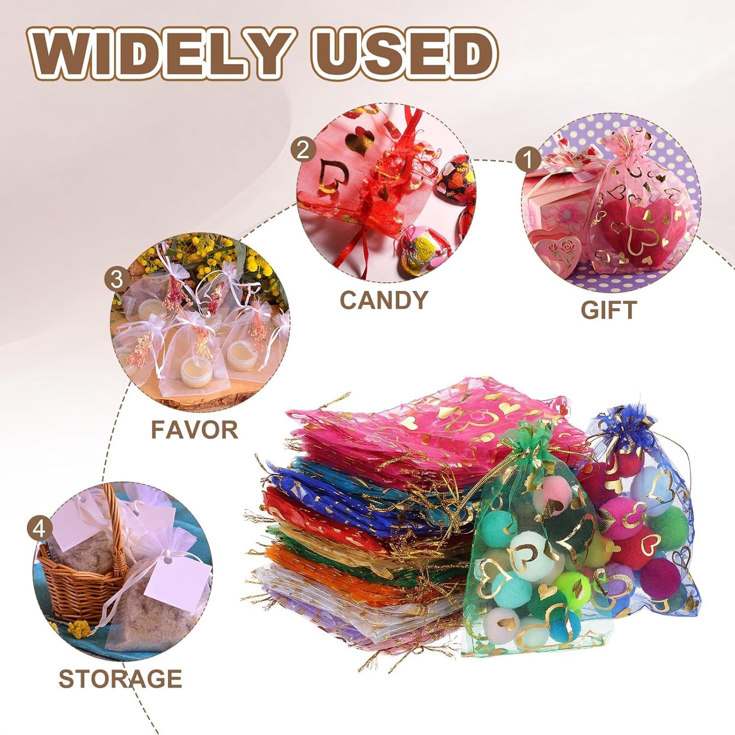 PATIKIL 50 Pcs 4x6 Inch Heart Printed Organza Bags, Purple Sheer Heart Organza Bags with Drawstring for Christmas Candy Jewelry Party Wedding Favor Gift