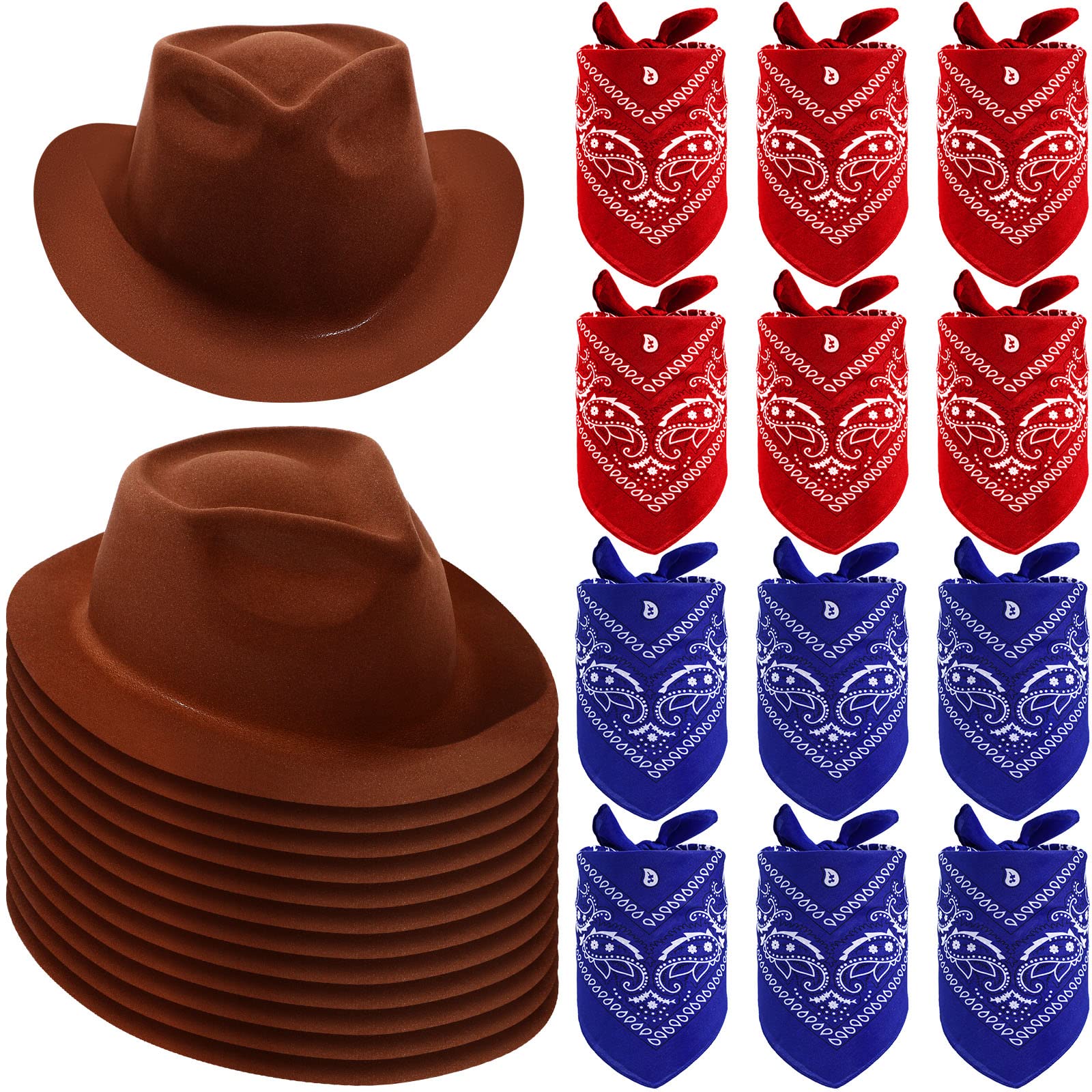 Haysandy 24 Pcs Western Cowboy Party Hats with Bandanas,Brown, Red, Blue
