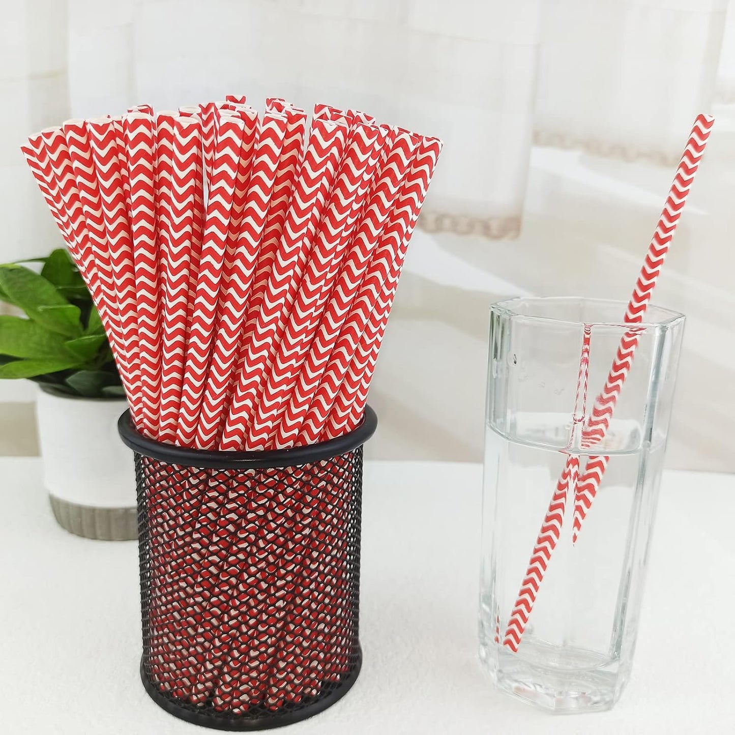 YAOSHENG Premium Disposable Waves Striped Drinking Paper Straws, Pack 100 Red Waves Paper Straws for Cocktail Party Supplies,Birthday,Bridal/Baby Shower,Juice,Shakes (Red Waves)