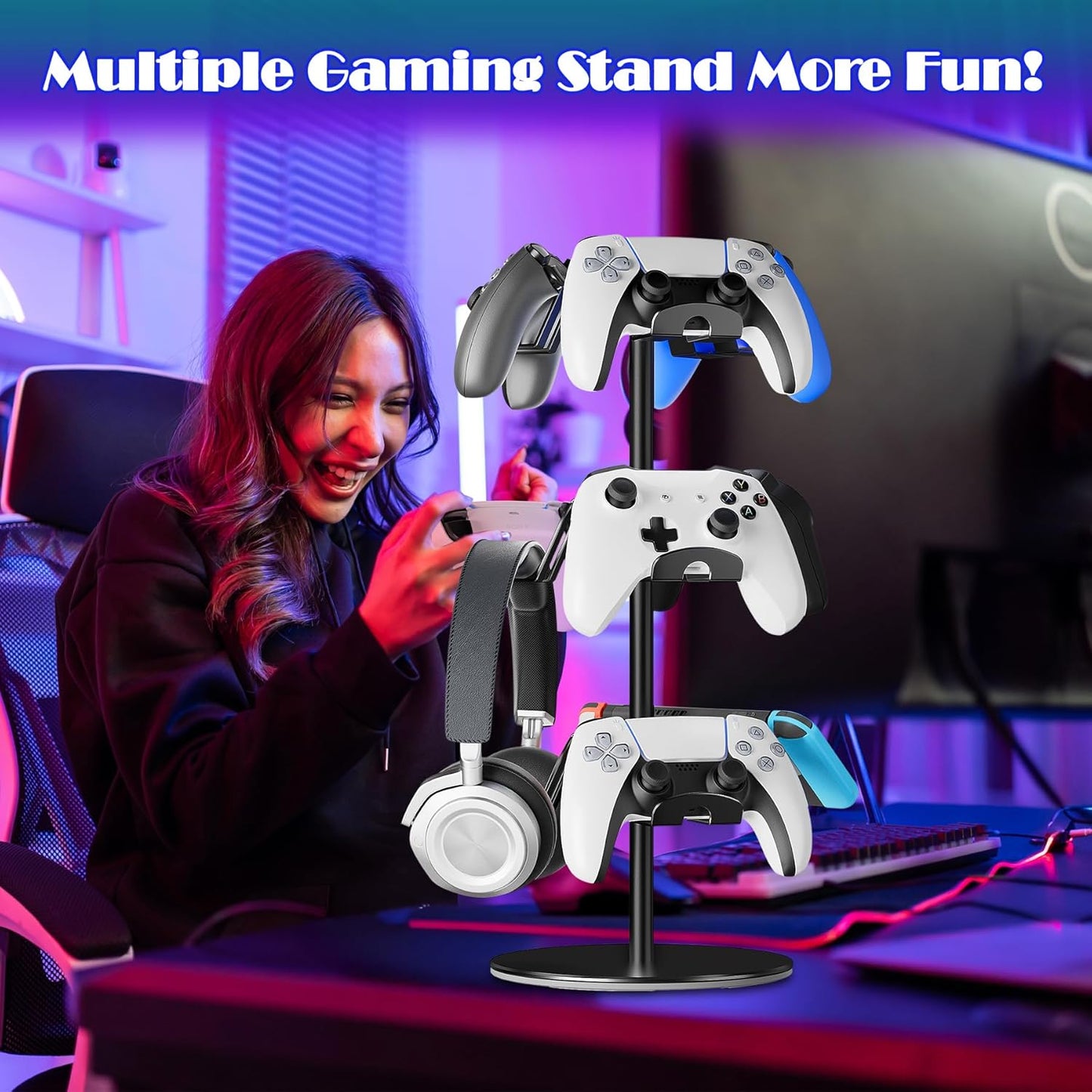 Controller Holder Stand 3 Tiers, Rotatable Gaming Headset Stand Compatible with Xbox PS5 PS4 Nintendo Switch Pro, Aluminum Headphone Organizer Rack, Desktop Gampads Holder, Black
