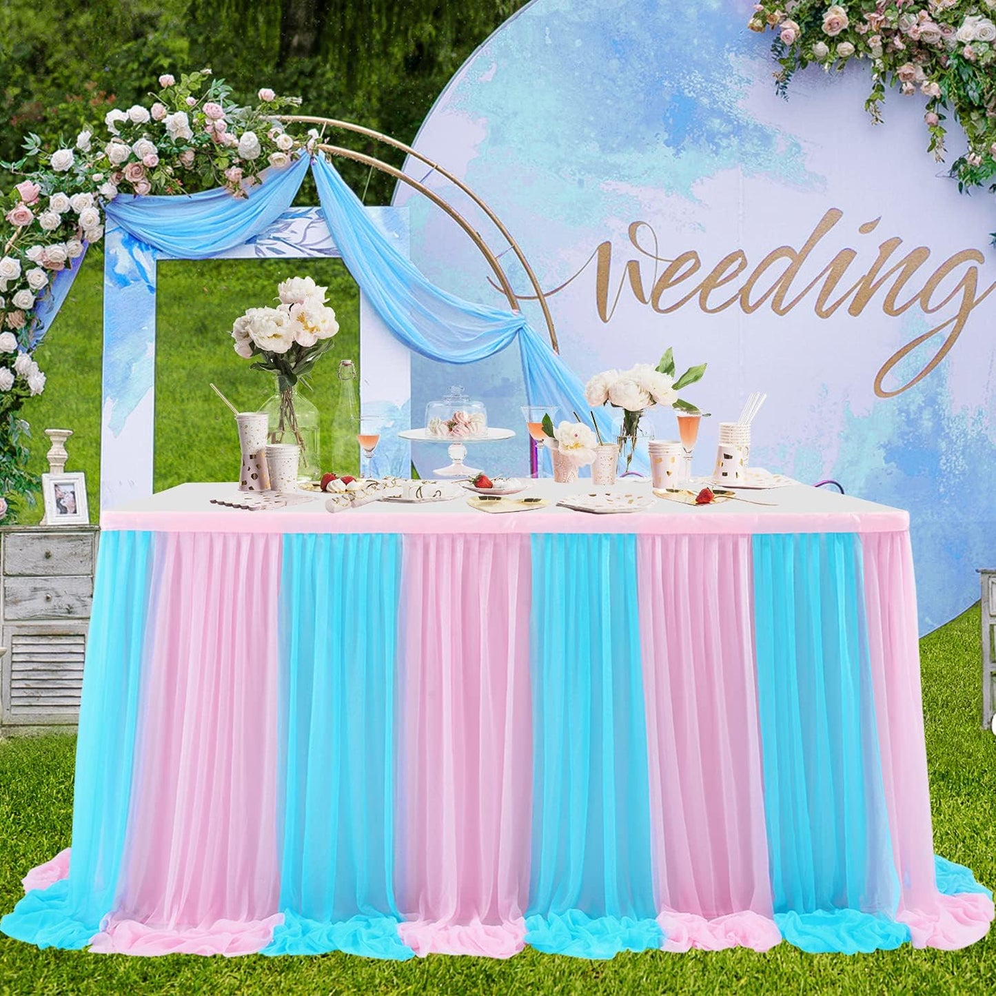 14ft Pink and Blue Table Skirt for Rectangle Tables or Round Tables Tulle Tutu Table Cloths for Gender Reveal Baby Shower Boy or Girl Birthday Party Wedding Dessert Buffet Banquet Table Decorations