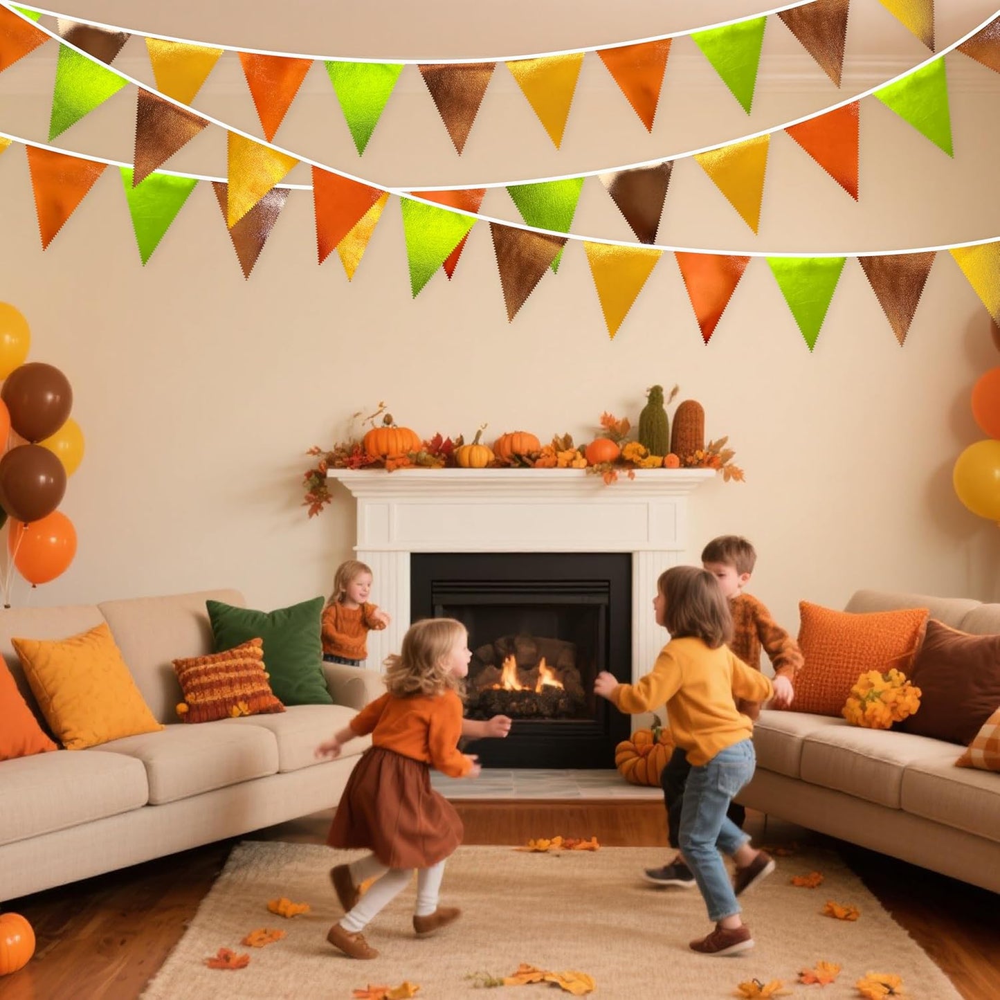 Fall Party Decorations Orange Green Gold Brown Metallic Fabric Triangle Pennant Flag Bunting Banner for Fall Autumn Thanksgiving Wedding Birthday Baby Shower Bridal Shower Engagement Party Supplies