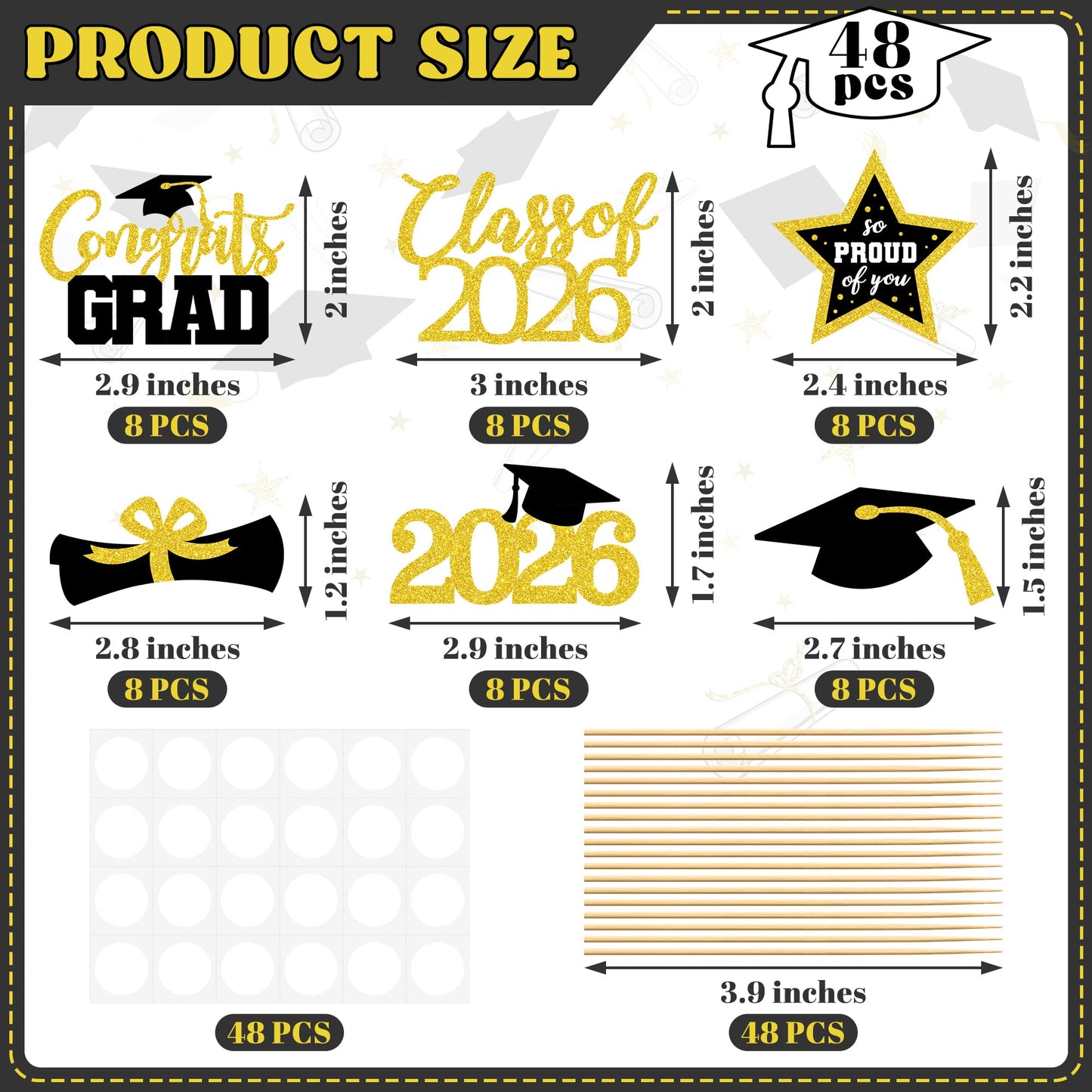 48 PCS Graduation Cupcake Toppers, 6 Styles Congrats Grad Cake Topper, Black and Gold Graduation