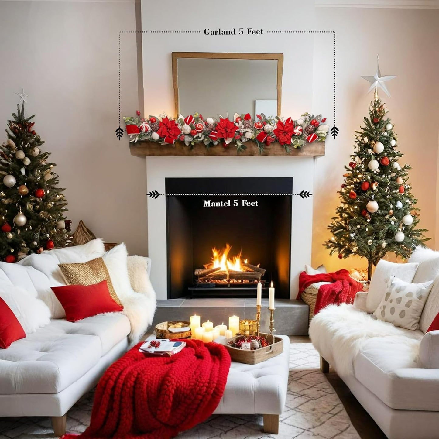 5 ft Christmas Garland for Mantle Unlit Garland for Stairs Railing, Banister, Staircase, Fireplace, for Table No Light, Garland Decor Frosted Red Poinsettia Holiday Tree (Frosted Red Poinsettia)