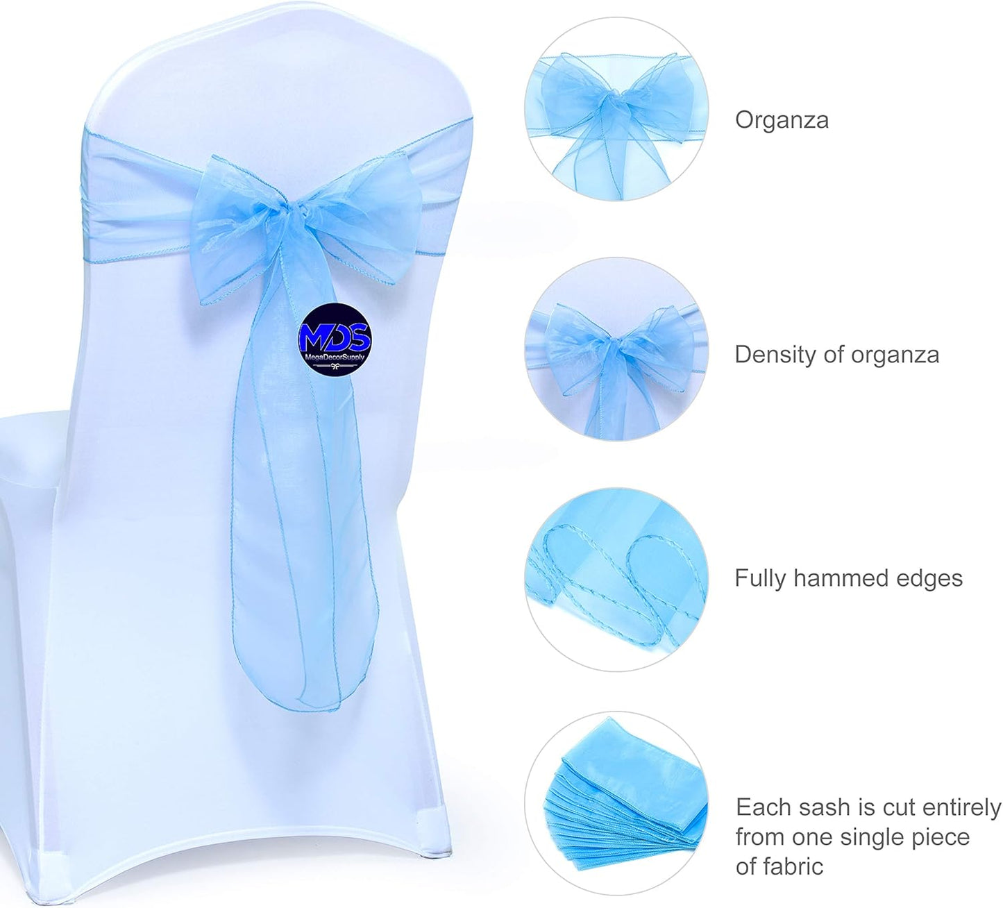 MDS Pack of 75 PCS Organza Chair Sashes Wider Dining Chair Bows Ribbon Tie Back for Wedding Party Birthday Bridal Shower Reception Event Banquet Home Chair Cover Decoration - Baby Blue