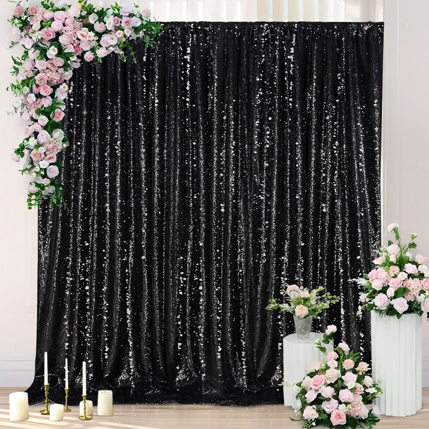 Black Sequin Backdrop Curtain 7ft x 7ft Glitter Photo Booth Backdrop for Wedding Birthday Baby Shower Event Decorations