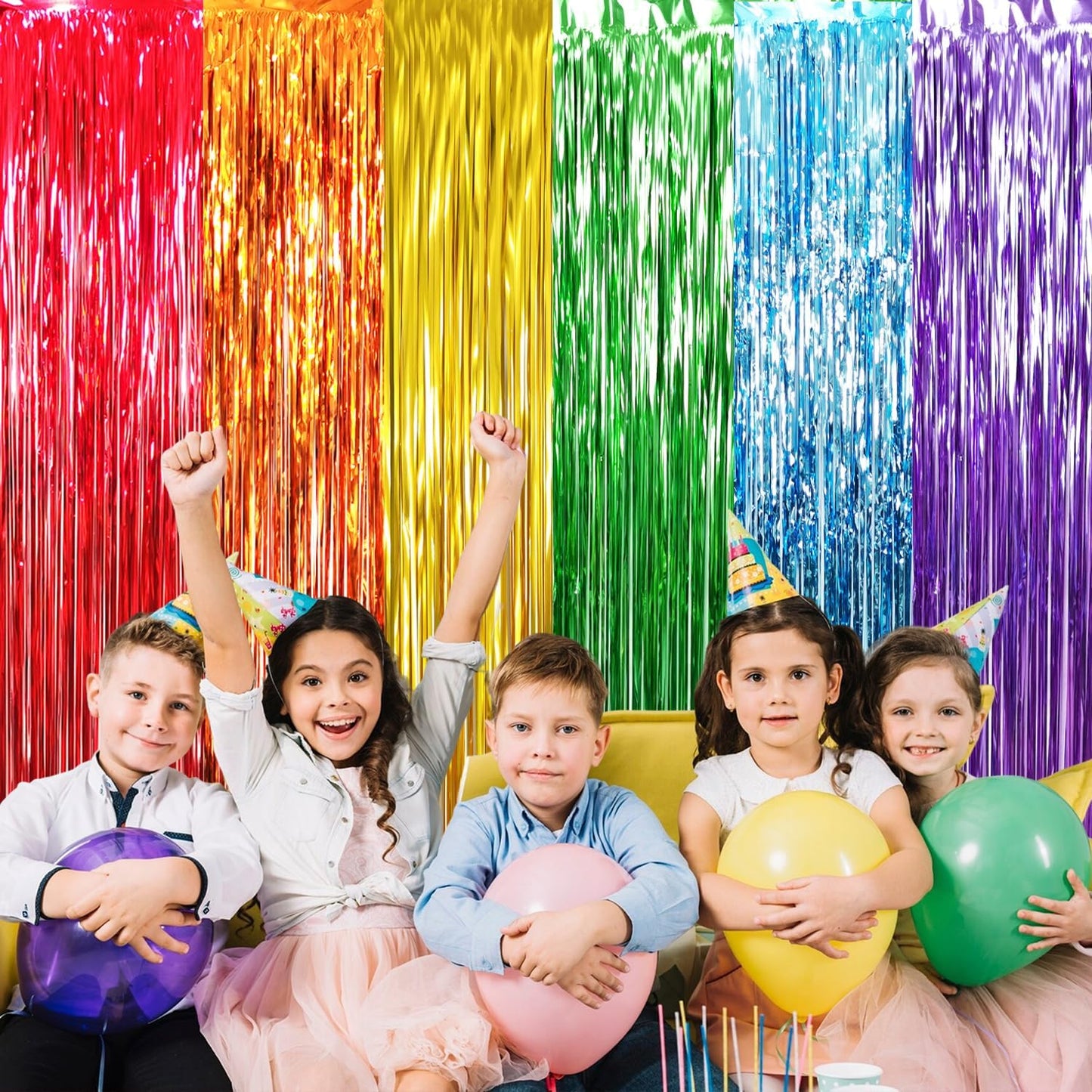 GOER 6.5 ft x 8.2 ft Metallic Tinsel Foil Fringe Curtains,Pack of 2 Party Streamer Backdrop for Birthday,Graduation Decorations and New Year Eve (Rainbow Colors)