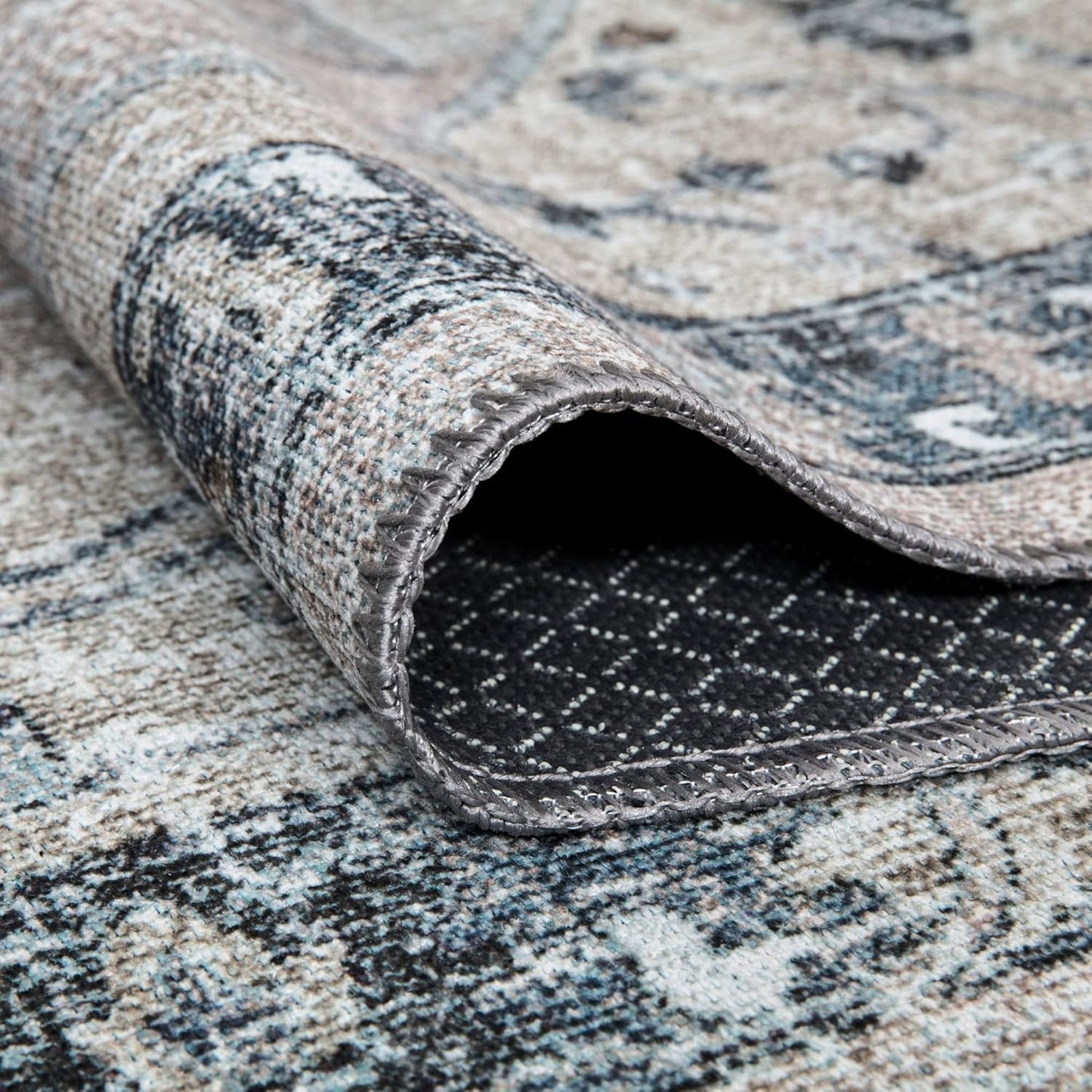 Bloom Rugs Washable Non-Slip 4' x 6' Rug - Pebble Gray/Blue Traditional Medallion Area Rug for Living Room, Bedroom, Dining Room, and Kitchen - Exact Size: 4' x 6'