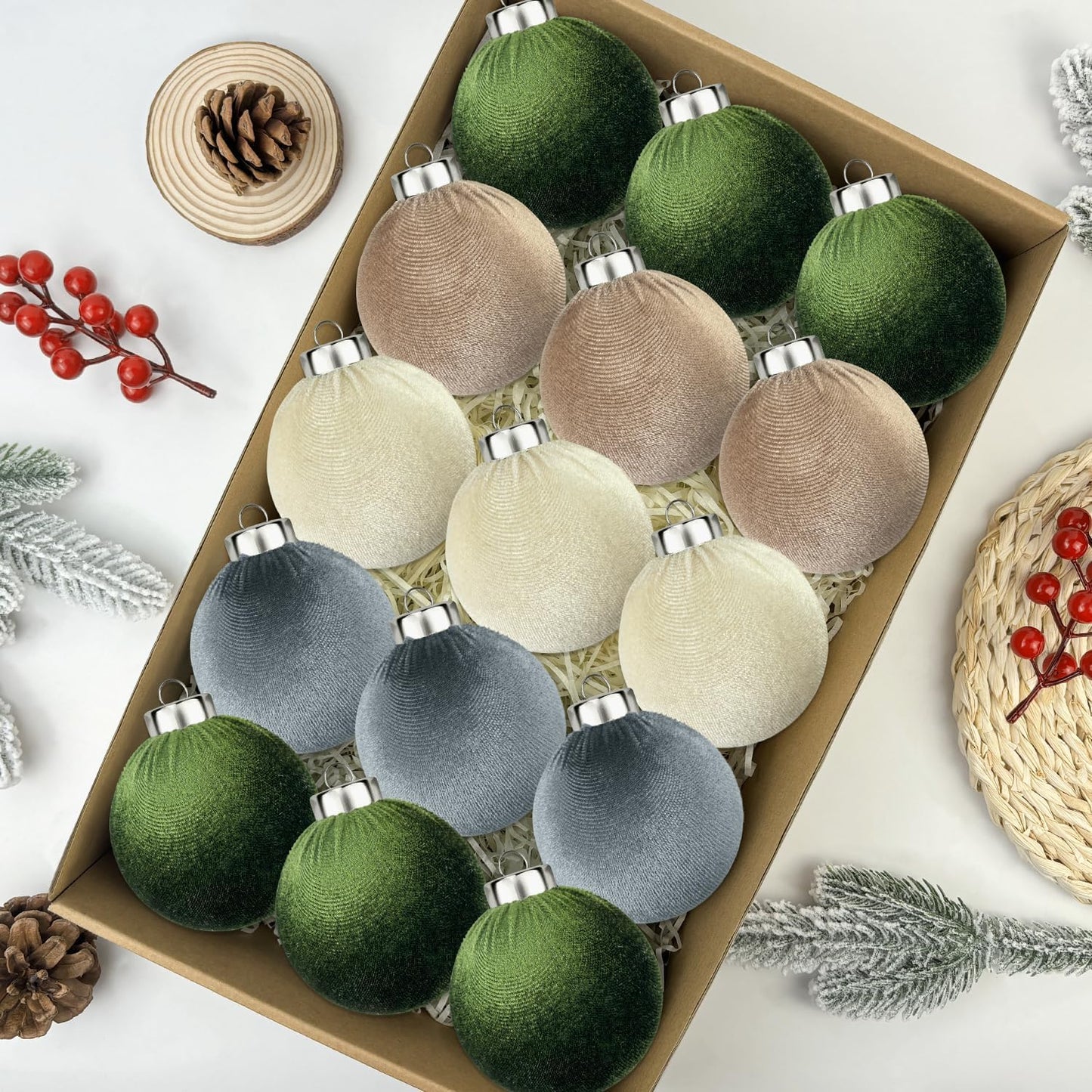Velvet Ball Ornaments for Christmas Tree 15 PCS, Large Neutral Flocked Christmas Bulb Ornaments Set - Earth Tone Decorative Hanging Baubles, Shatterproof Xmas Decor for Holiday (Multicolor, 3.15 Inch)