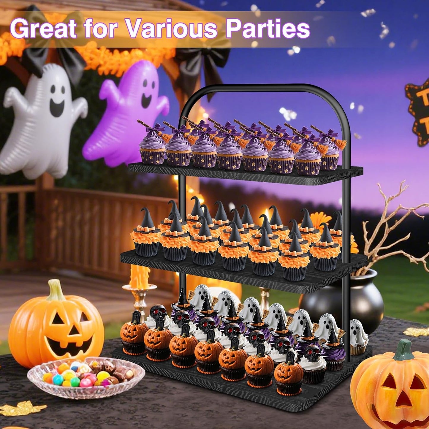 Cupcake Stand, 3 Tier Halloween Cupcake Stand for 50 Cupcakes Rustic Cupcake Display Stand Large Wood Dessert Table Display Set Cupcake Tower Tiered Tray Stand for Wedding Birthday Party