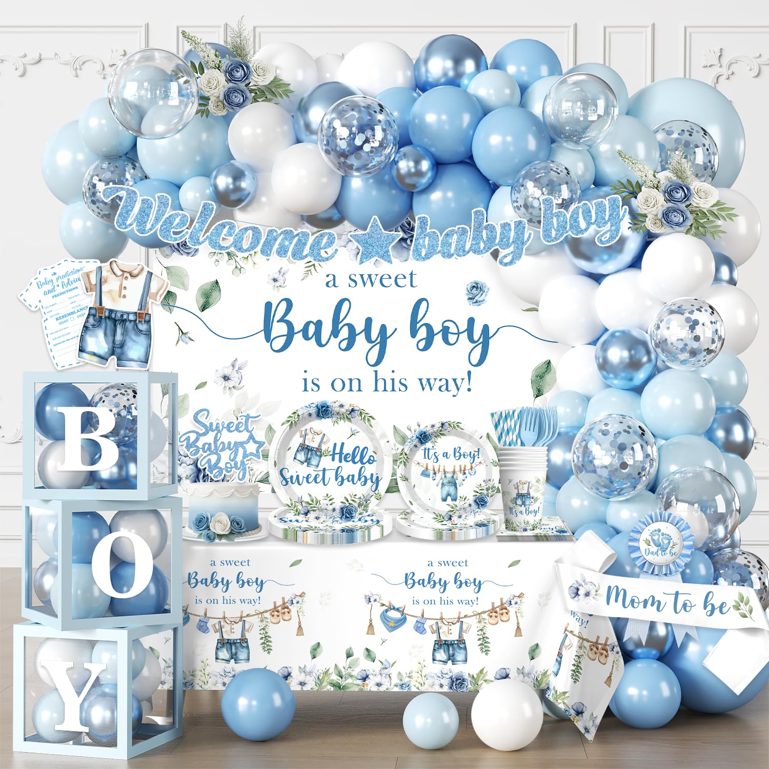 cocomigo Blue Boy Baby Shower Decorations, All-in-One Set for 20 Guests