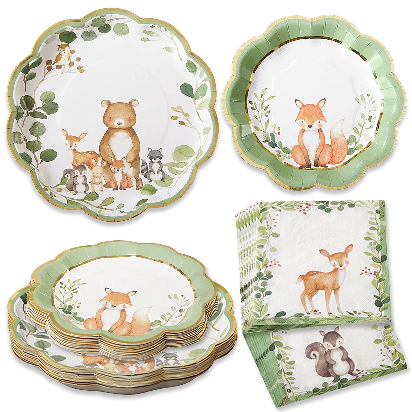 Kate Aspen Woodland Baby Shower Decorations, 62-Piece Disposable Paper Plates & Napkins Party