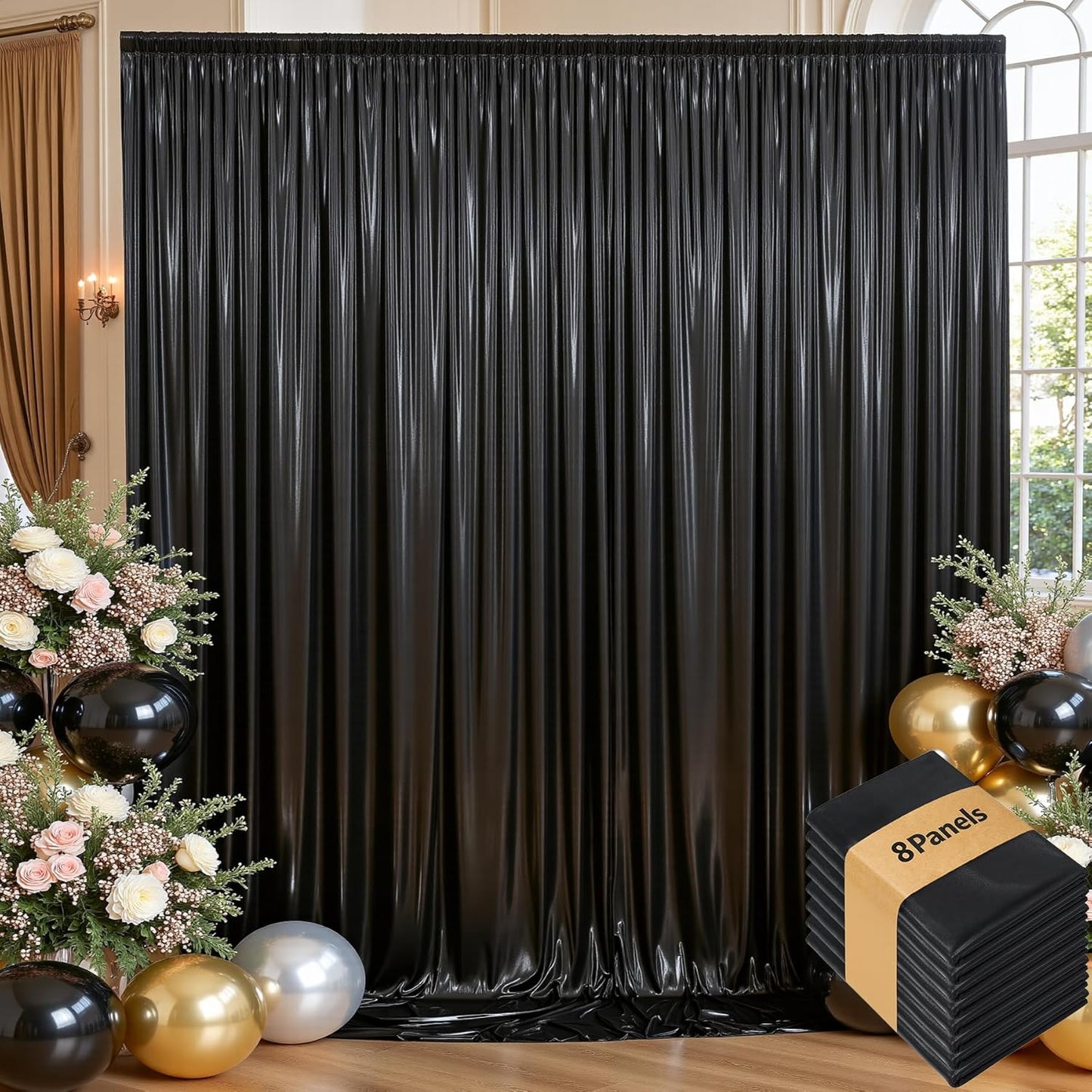 leegleri 40ftx10 ft Black Glitter Sequin Backdrop Curtain for Parties, Wrinkle Free Sparking Backdrop Drapes, 8 Panels 5x10ft Shimmer Photo Back Drop Cloth for Wedding Birthday Photography Background