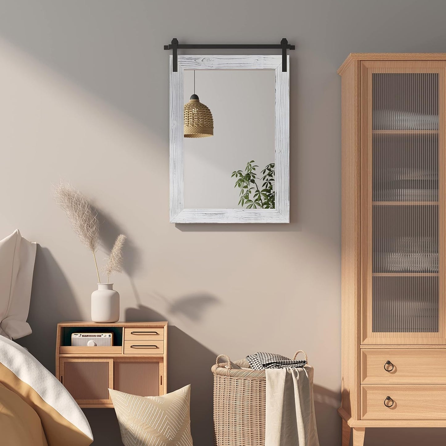 COGOOD Farmhouse Barn Door Mirror - 26" X 17" Rustic Wood Framed Wall Mirror for Bathroom, Living Room, Entryway Wall Decorative (White)