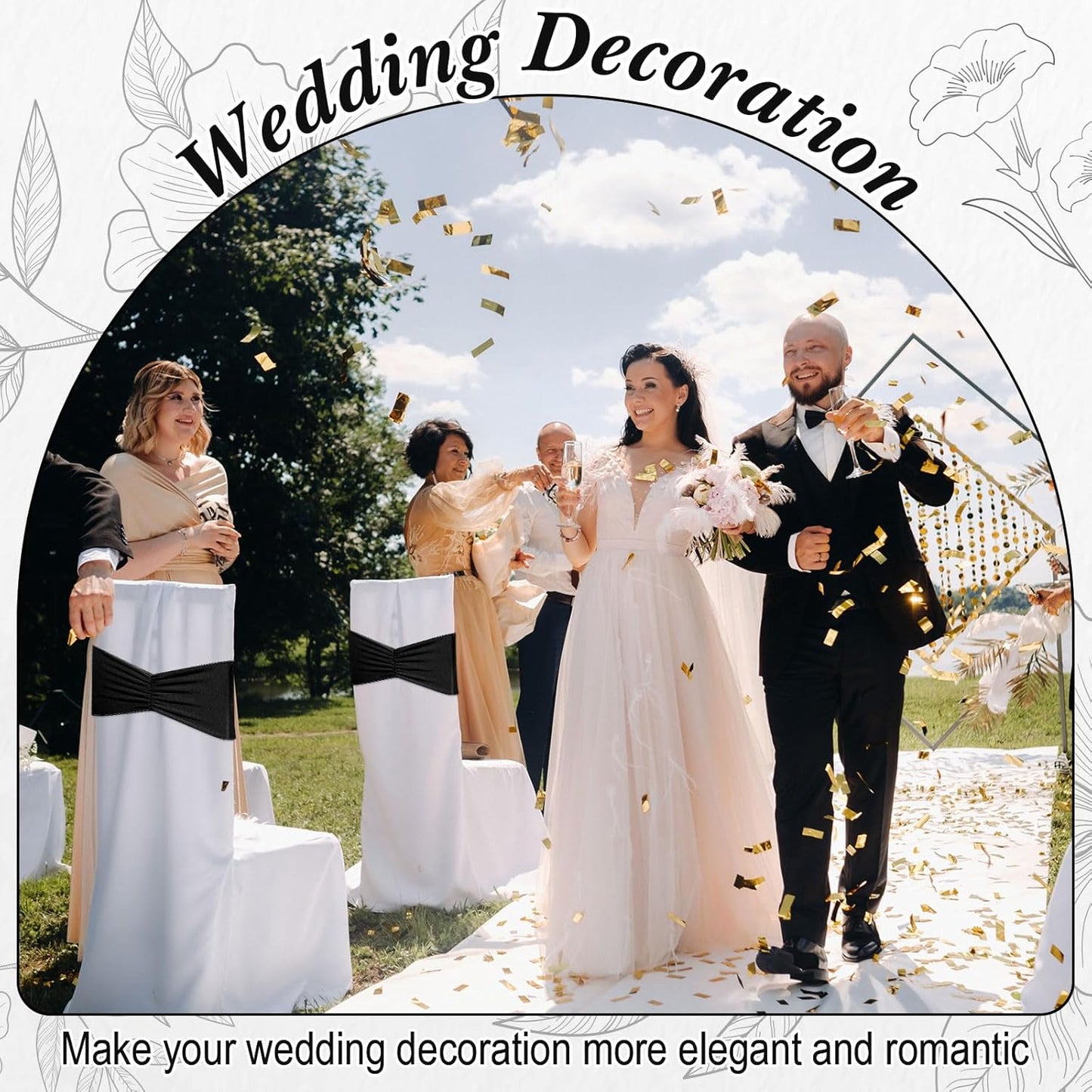 Moukeren 100 Pcs Spandex Chair Sashes Bows Bands Slider Sashes for Chair Covers Elastic Bands Ties Ribbon Decorations for Wedding Party Events Ceremony Birthday Banquet(Black)